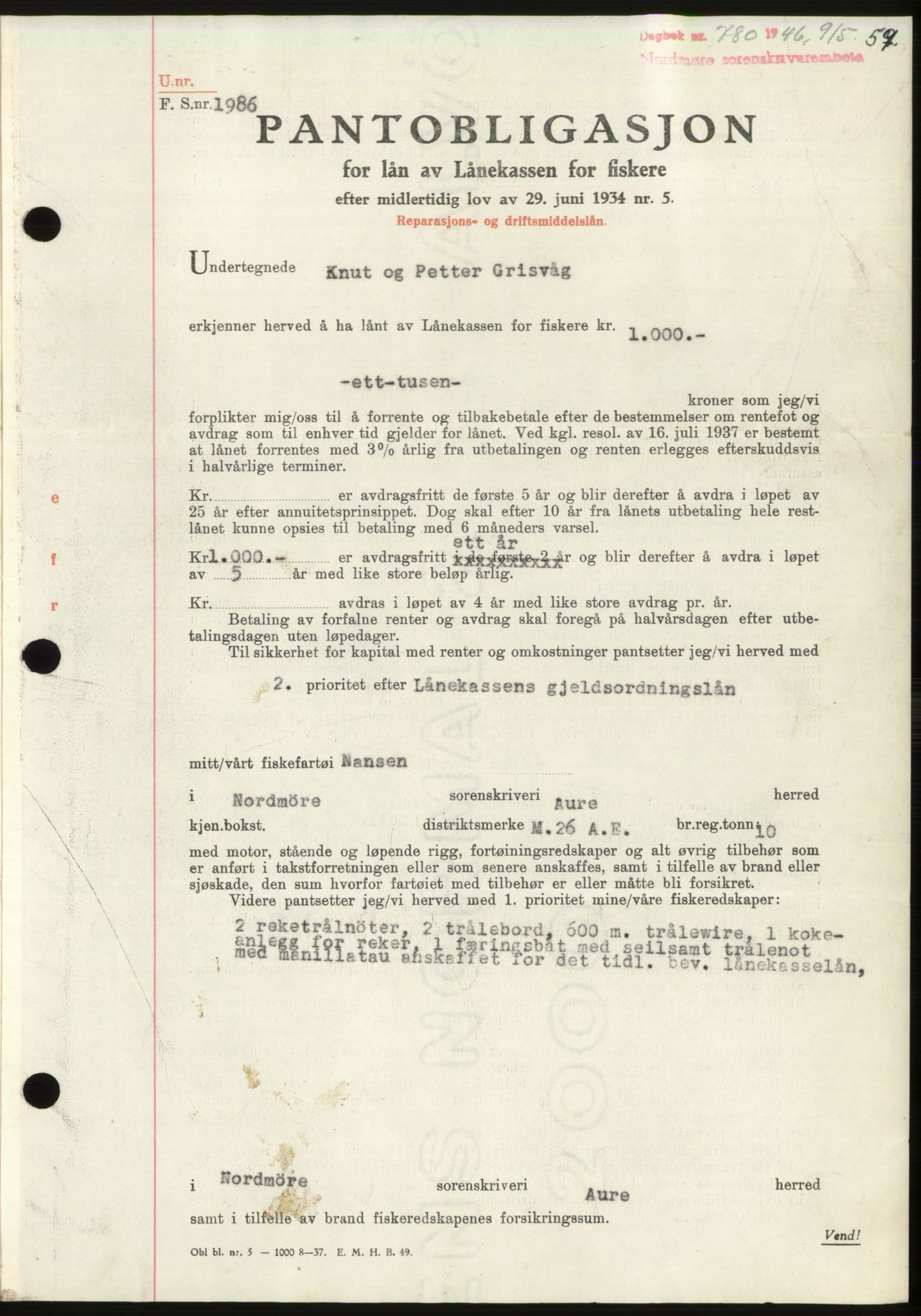 Nordmøre sorenskriveri, AV/SAT-A-4132/1/2/2Ca: Mortgage book no. B94, 1946-1946, Diary no: : 780/1946