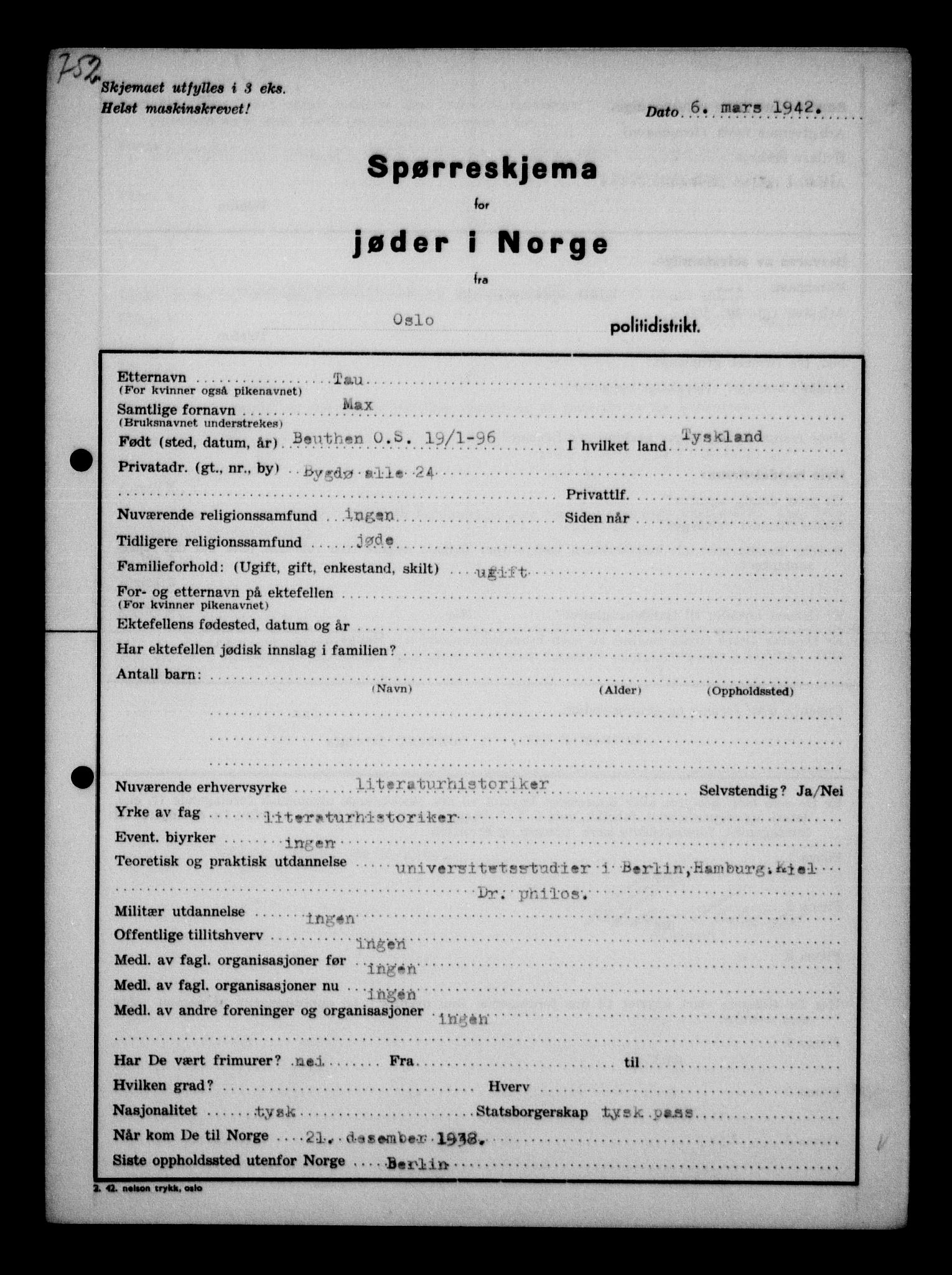 Statspolitiet - Hovedkontoret / Osloavdelingen, AV/RA-S-1329/G/Ga/L0011: Spørreskjema for jøder i Norge. 1: Oslo 610-806 (Plavnik-Zwillinger). 2: Aker 1-113 (Adler-Lewin). , 1942, p. 422