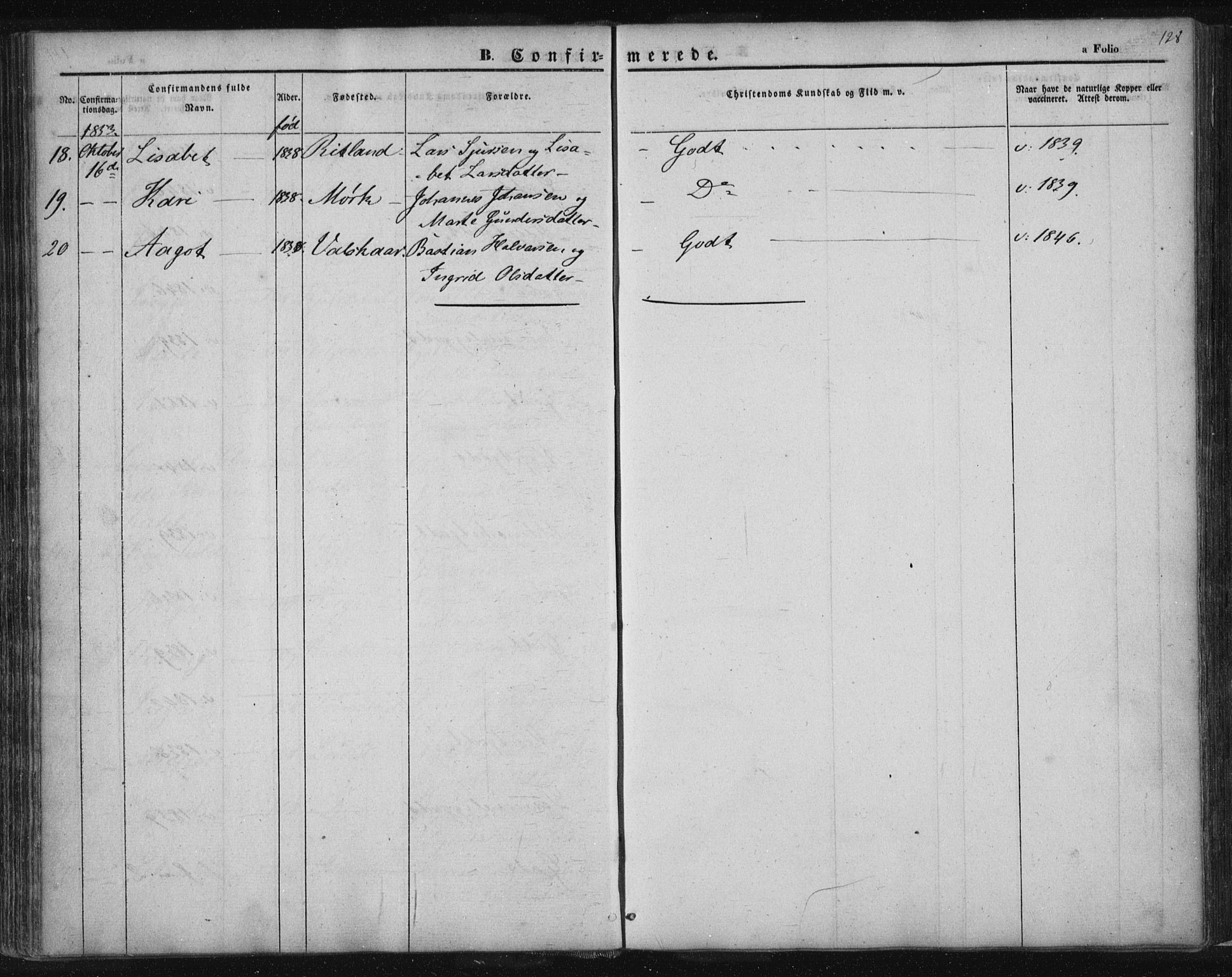 Suldal sokneprestkontor, SAST/A-101845/01/IV/L0008: Parish register (official) no. A 8, 1836-1853, p. 128