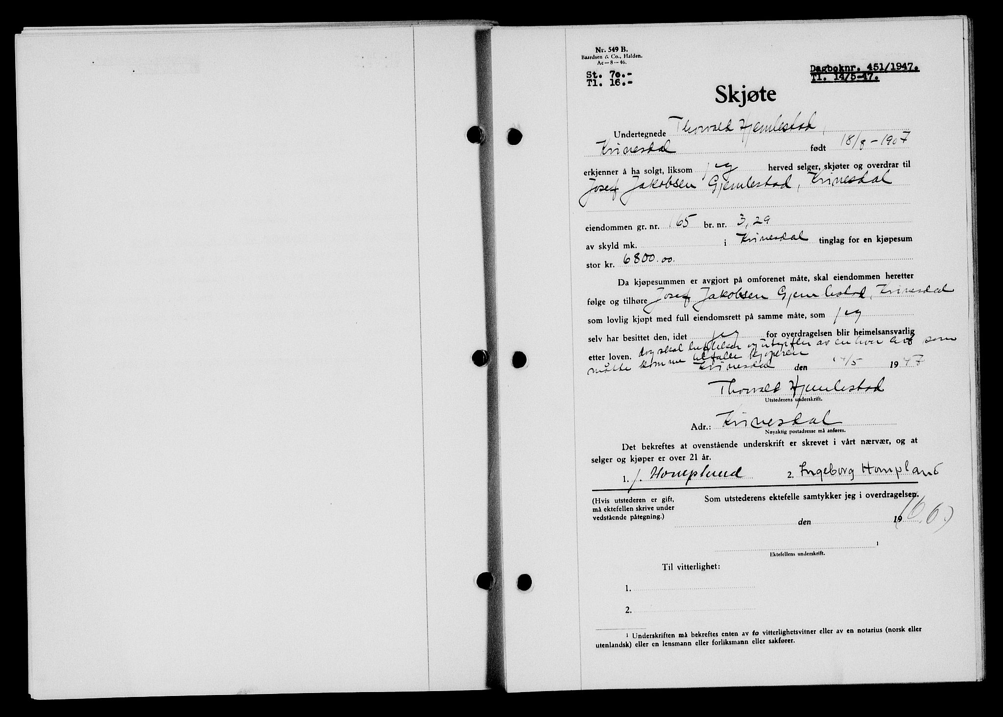 Flekkefjord sorenskriveri, SAK/1221-0001/G/Gb/Gba/L0062: Mortgage book no. A-10, 1947-1947, Diary no: : 451/1947