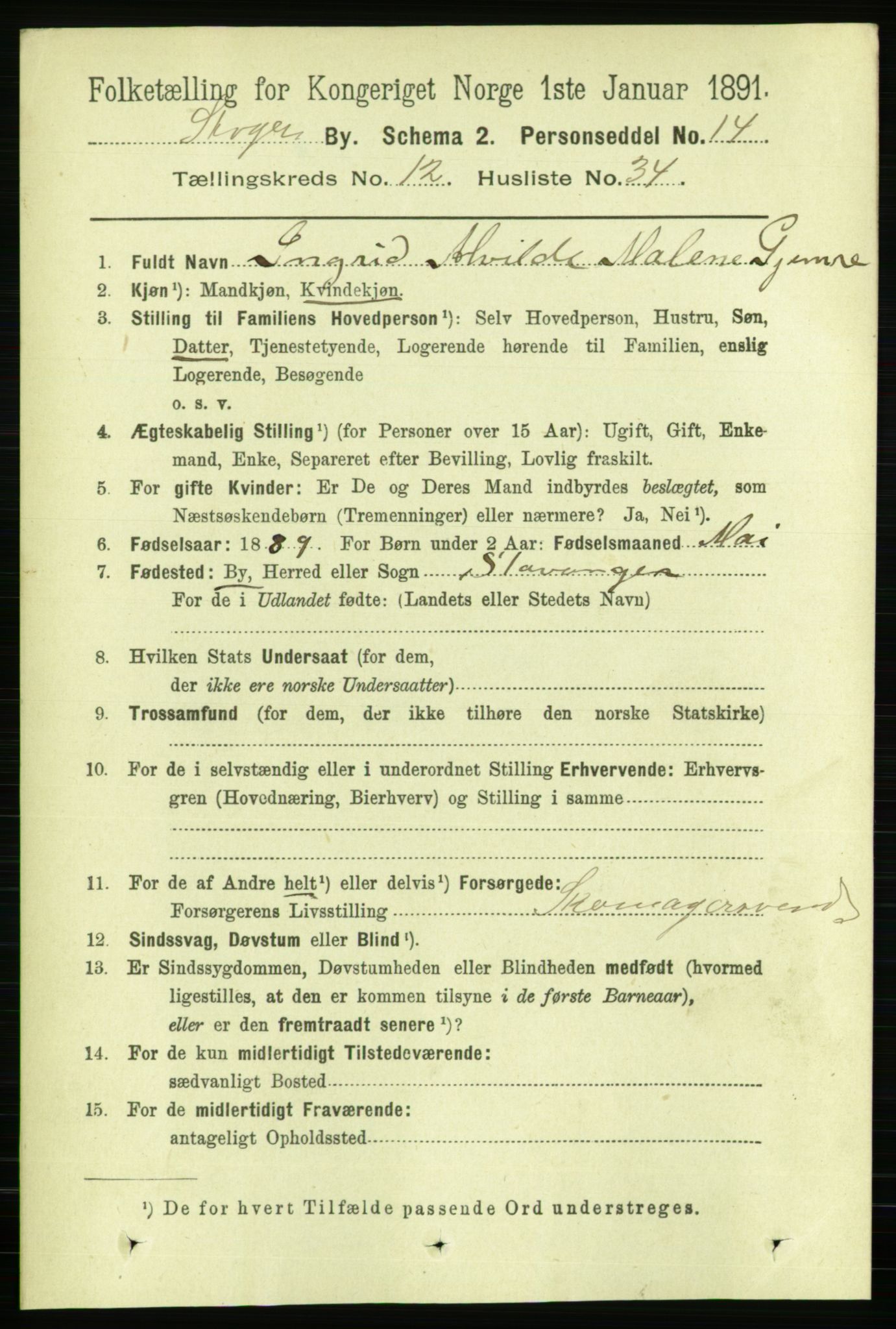 RA, 1891 census for 1103 Stavanger, 1891, p. 15313