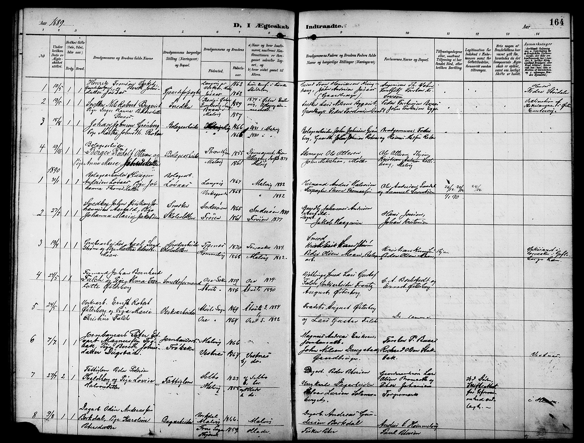 Ministerialprotokoller, klokkerbøker og fødselsregistre - Sør-Trøndelag, SAT/A-1456/617/L0431: Parish register (copy) no. 617C01, 1889-1910, p. 164