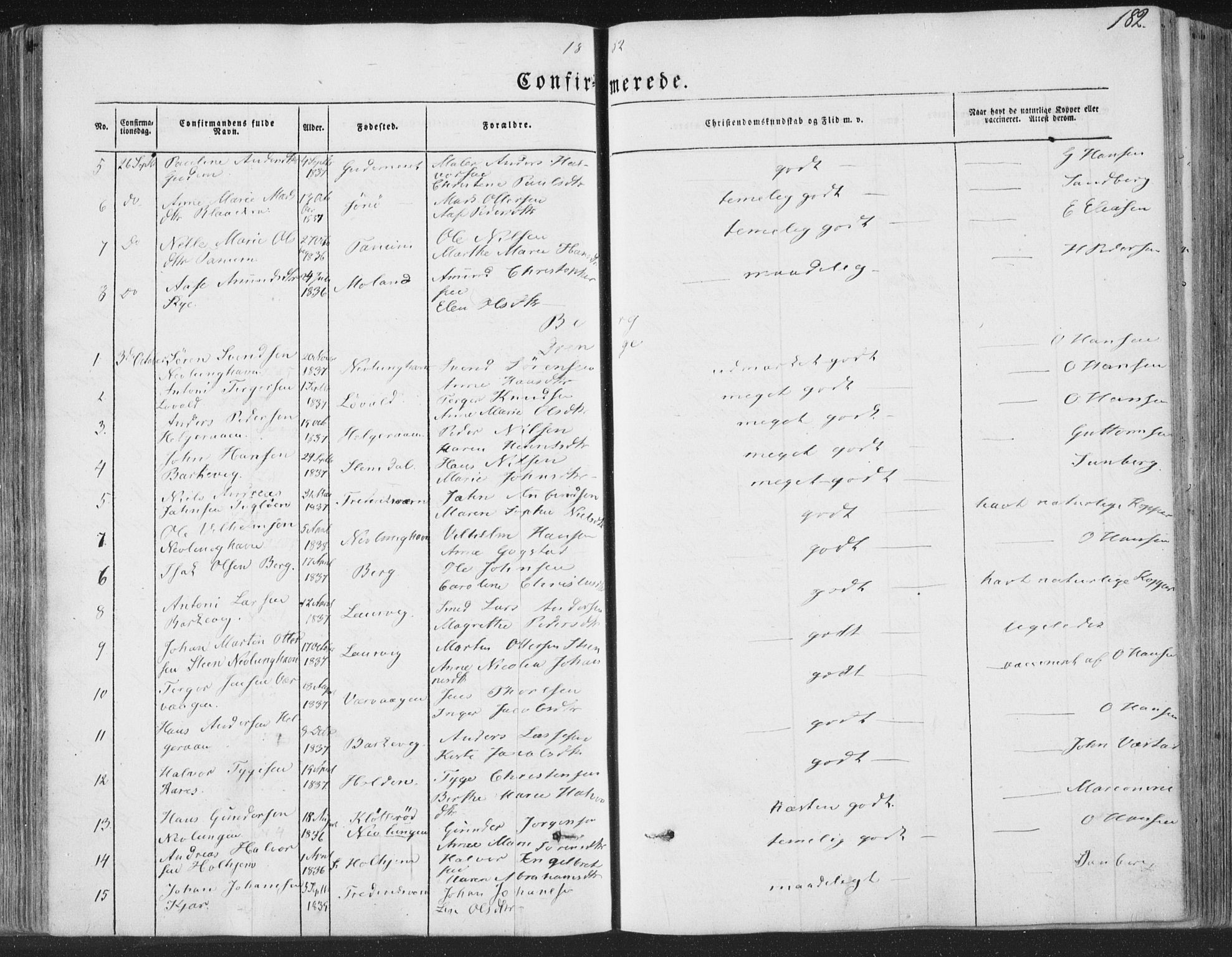 Brunlanes kirkebøker, SAKO/A-342/F/Fa/L0004: Parish register (official) no. I 4, 1846-1862, p. 182