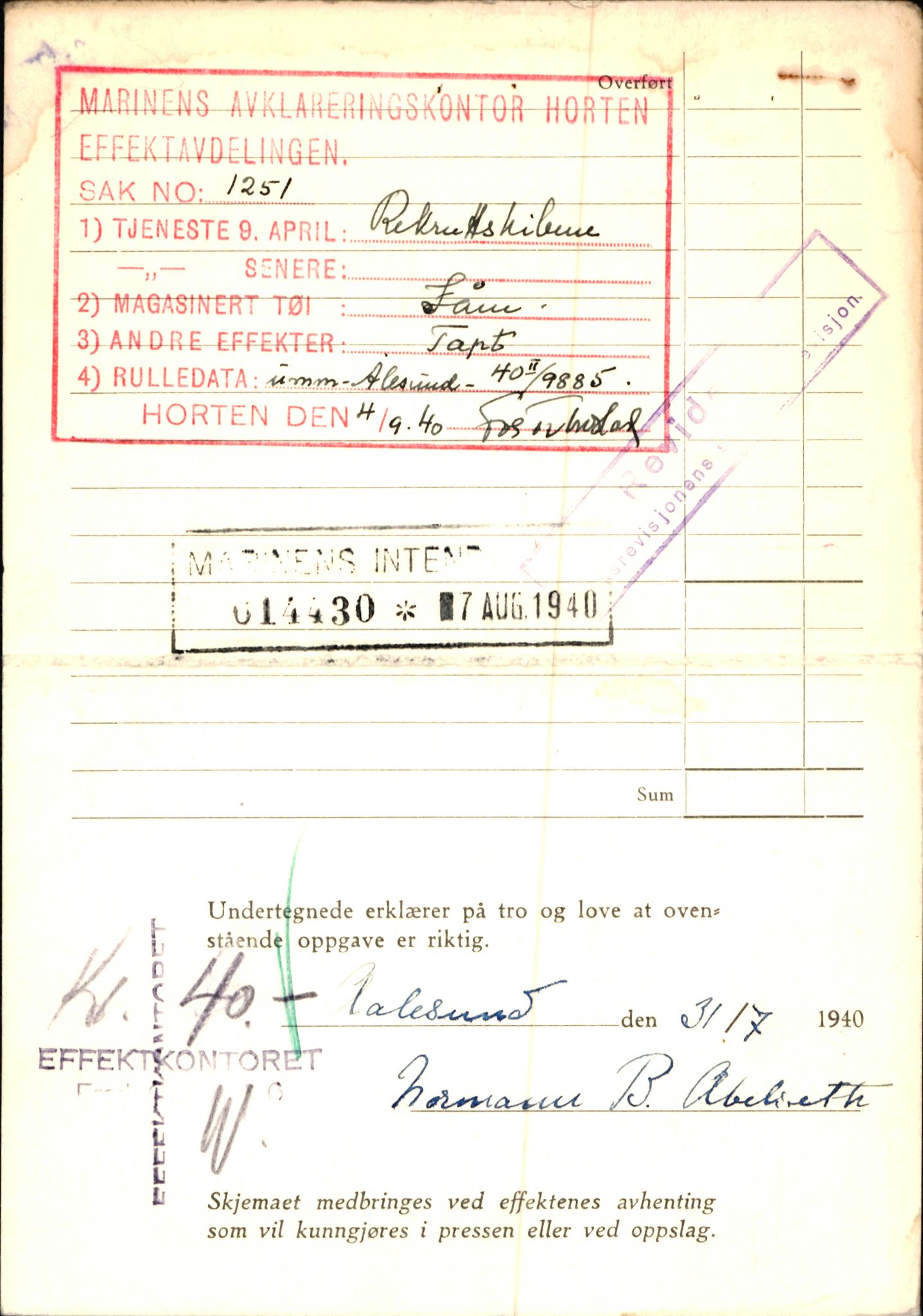 Justisdepartementet, Oppgjørsavdelingen, AV/RA-S-1056/G/Gb/L0001: Oppgaver over ettersøkte sivile effekter: Abel - Andersen, Anders J., 1940-1942, p. 38