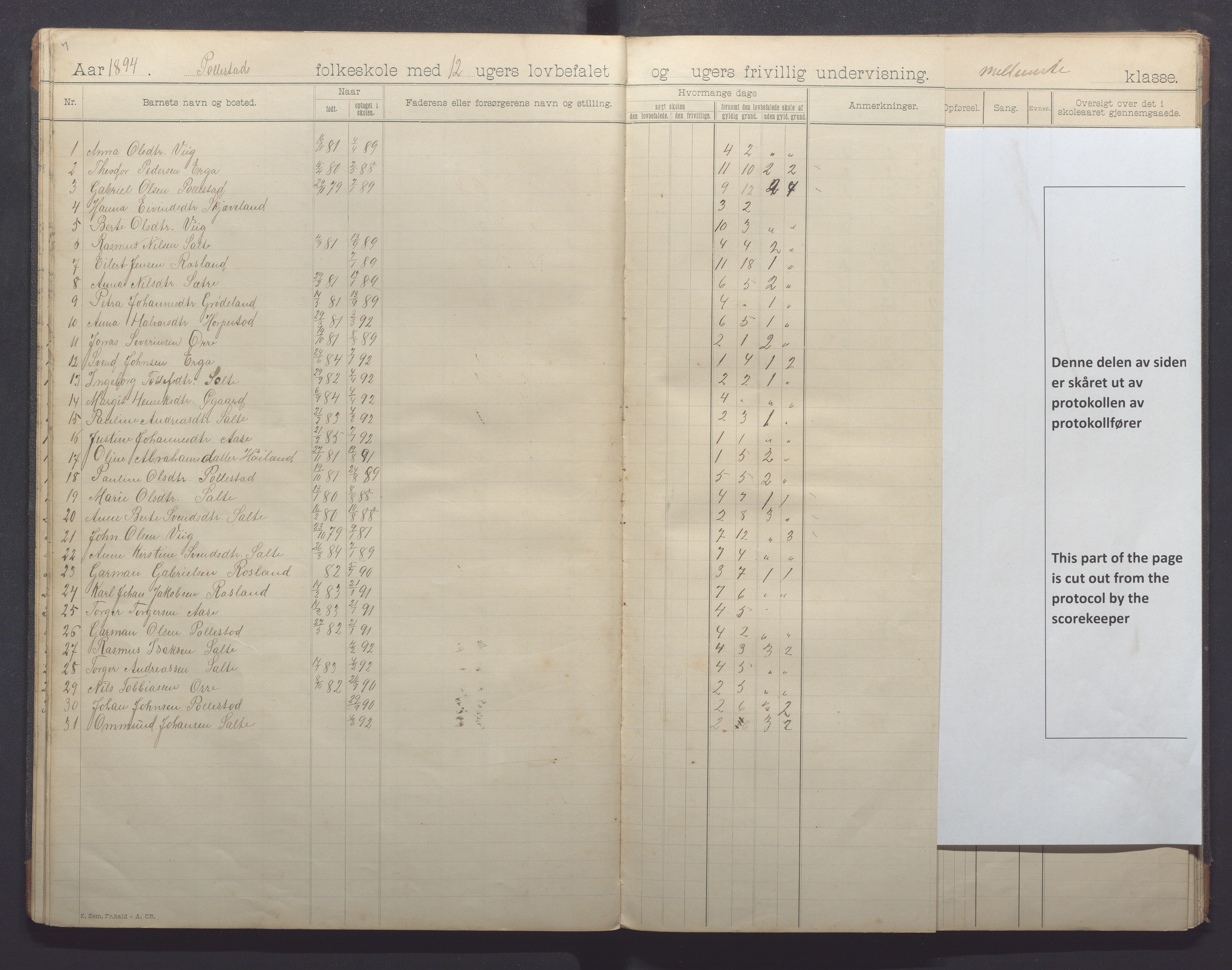 Klepp kommune - Pollestad skule, IKAR/K-100295/H/L0001: Skoleprotokoll, 1892-1898, p. 17