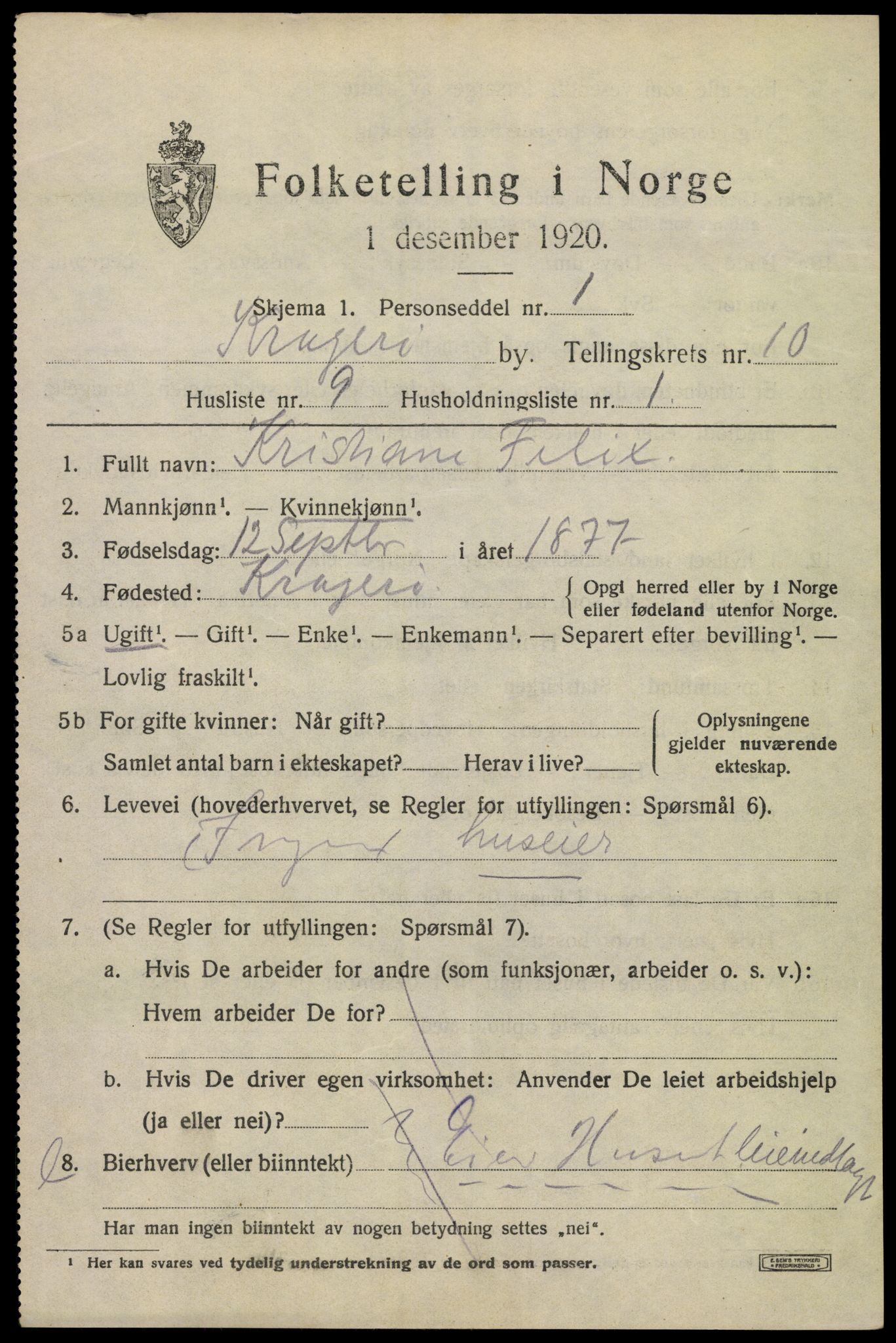 SAKO, 1920 census for Kragerø, 1920, p. 13105