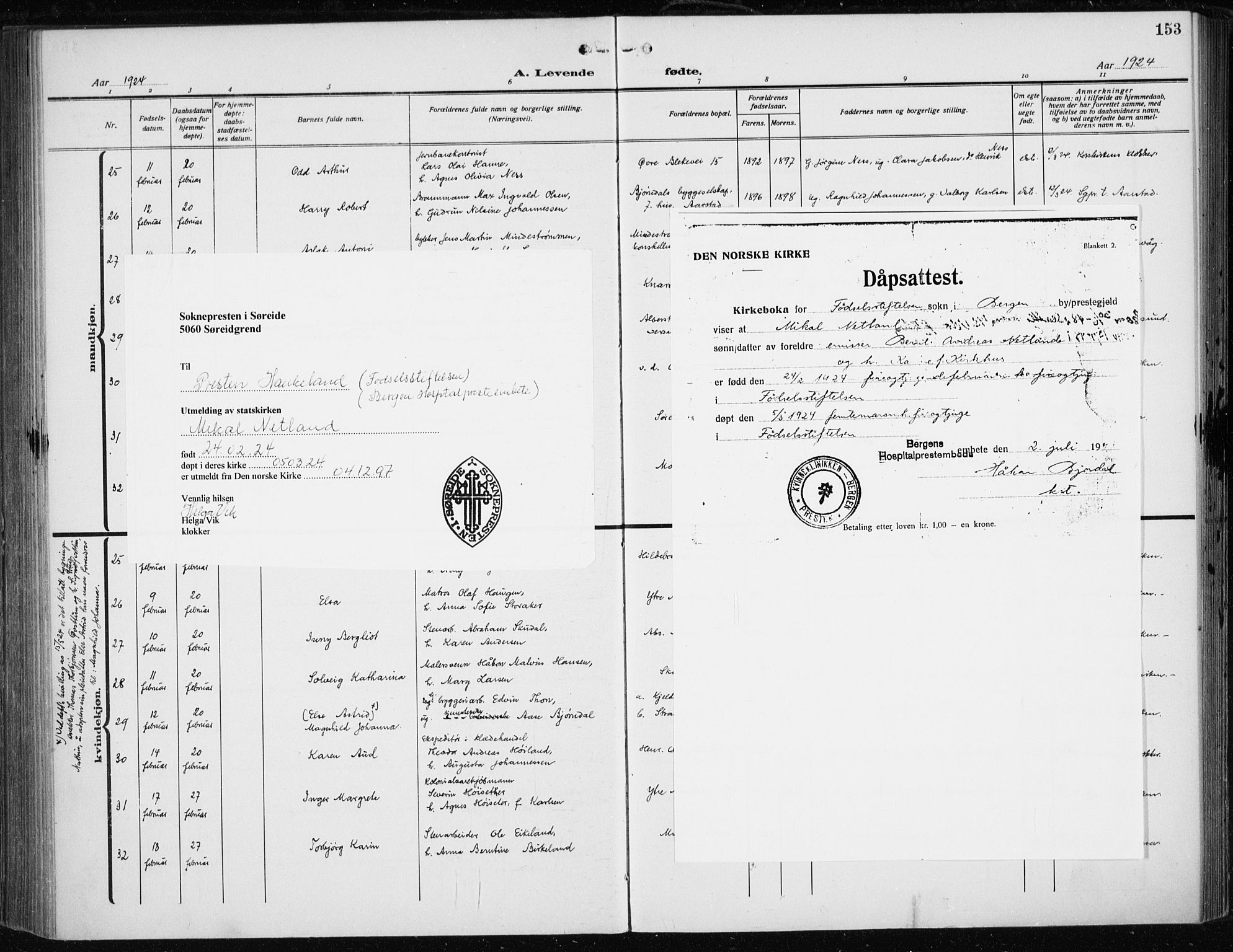 Fødselsstiftelsens sokneprestembete*, SAB/-: Parish register (official) no. A 5, 1918-1926, p. 153