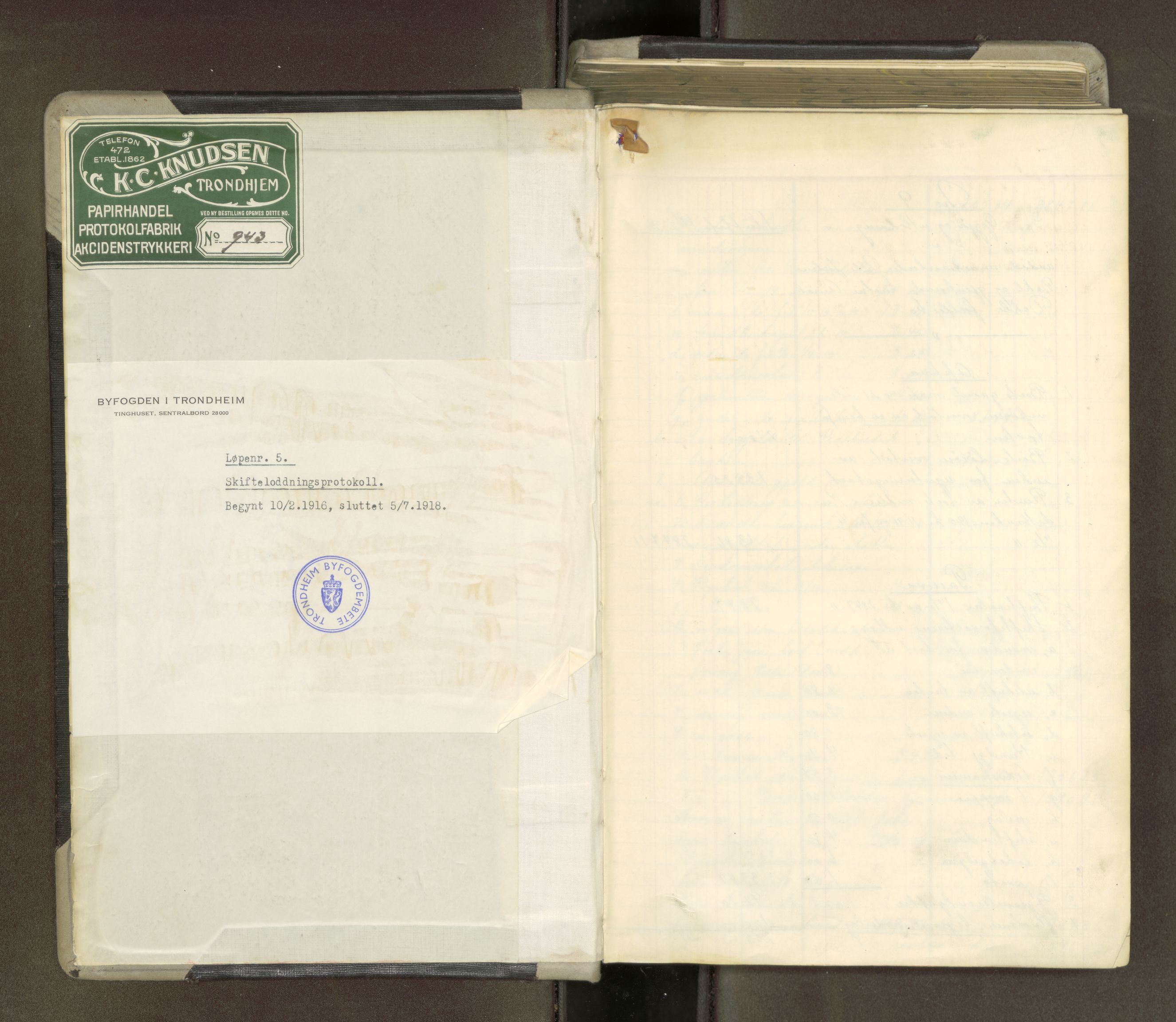 Trondheim byfogd, AV/SAT-A-0003/1/3/3A/L0042: Skifteutlodningsprotokoll - 10/2-5/7. (m/ register), 1916-1918