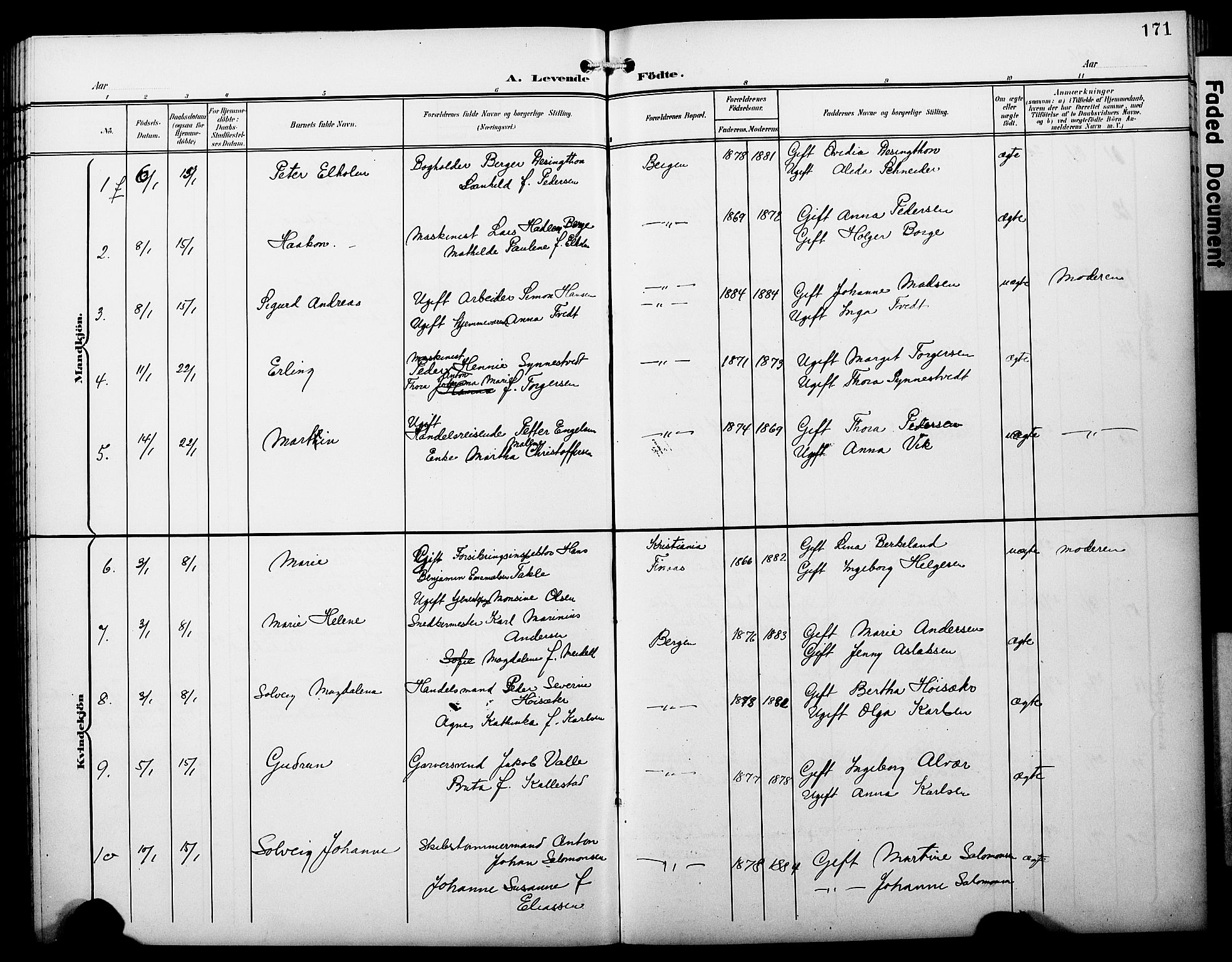 Fødselsstiftelsens sokneprestembete*, SAB/-: Parish register (copy) no. A 1, 1900-1909, p. 171