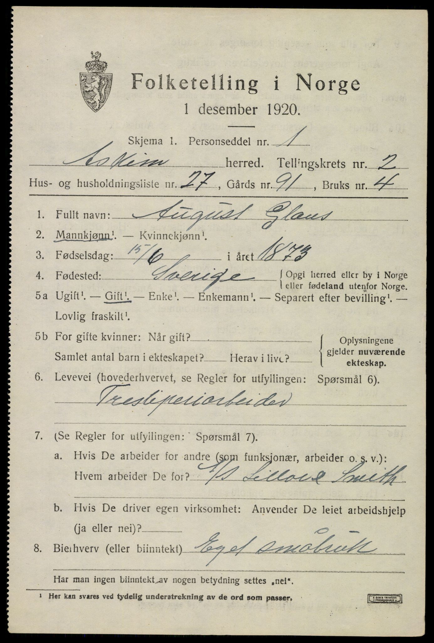 SAO, 1920 census for Askim, 1920, p. 4943