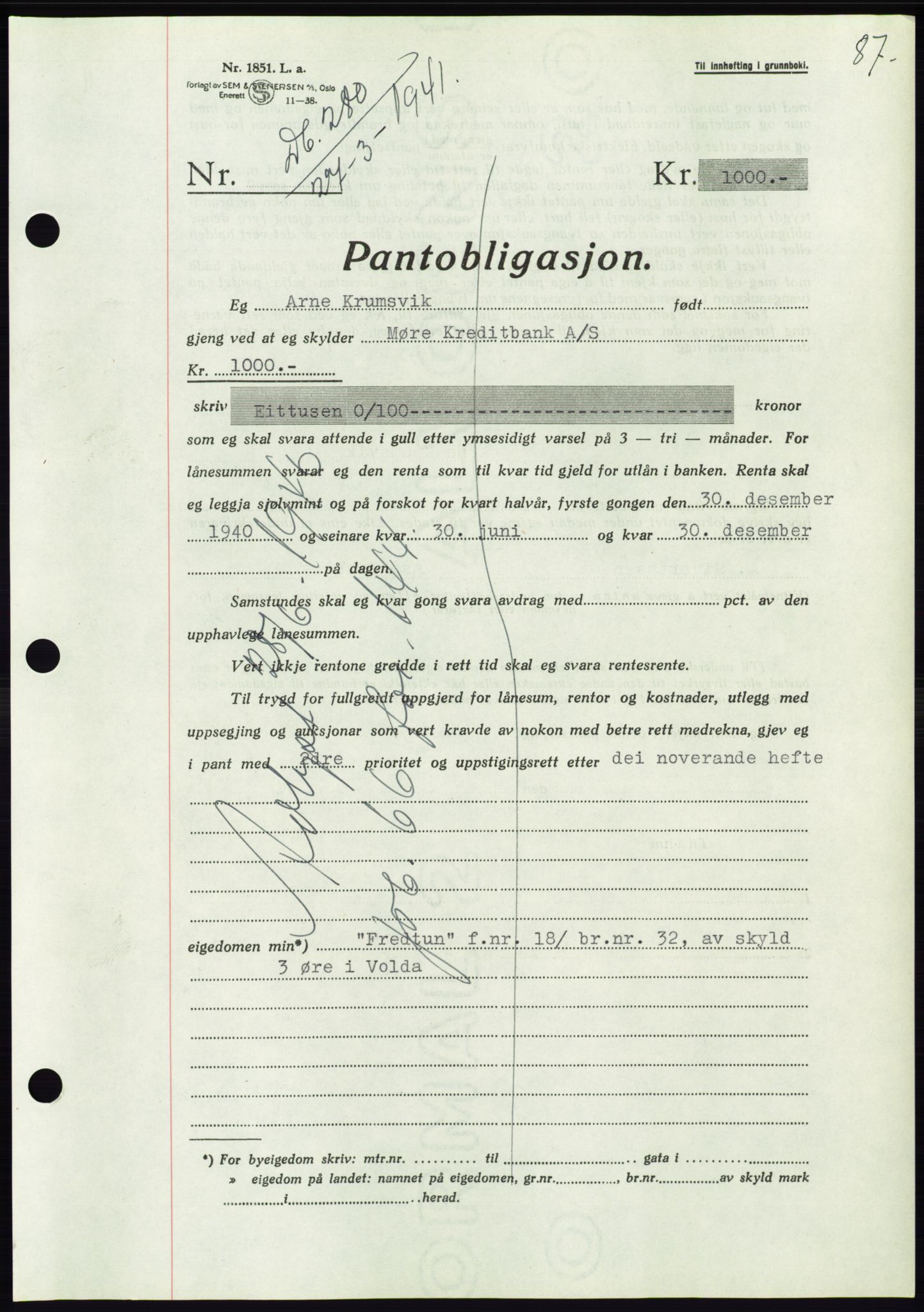 Søre Sunnmøre sorenskriveri, AV/SAT-A-4122/1/2/2C/L0071: Mortgage book no. 65, 1941-1941, Diary no: : 280/1941