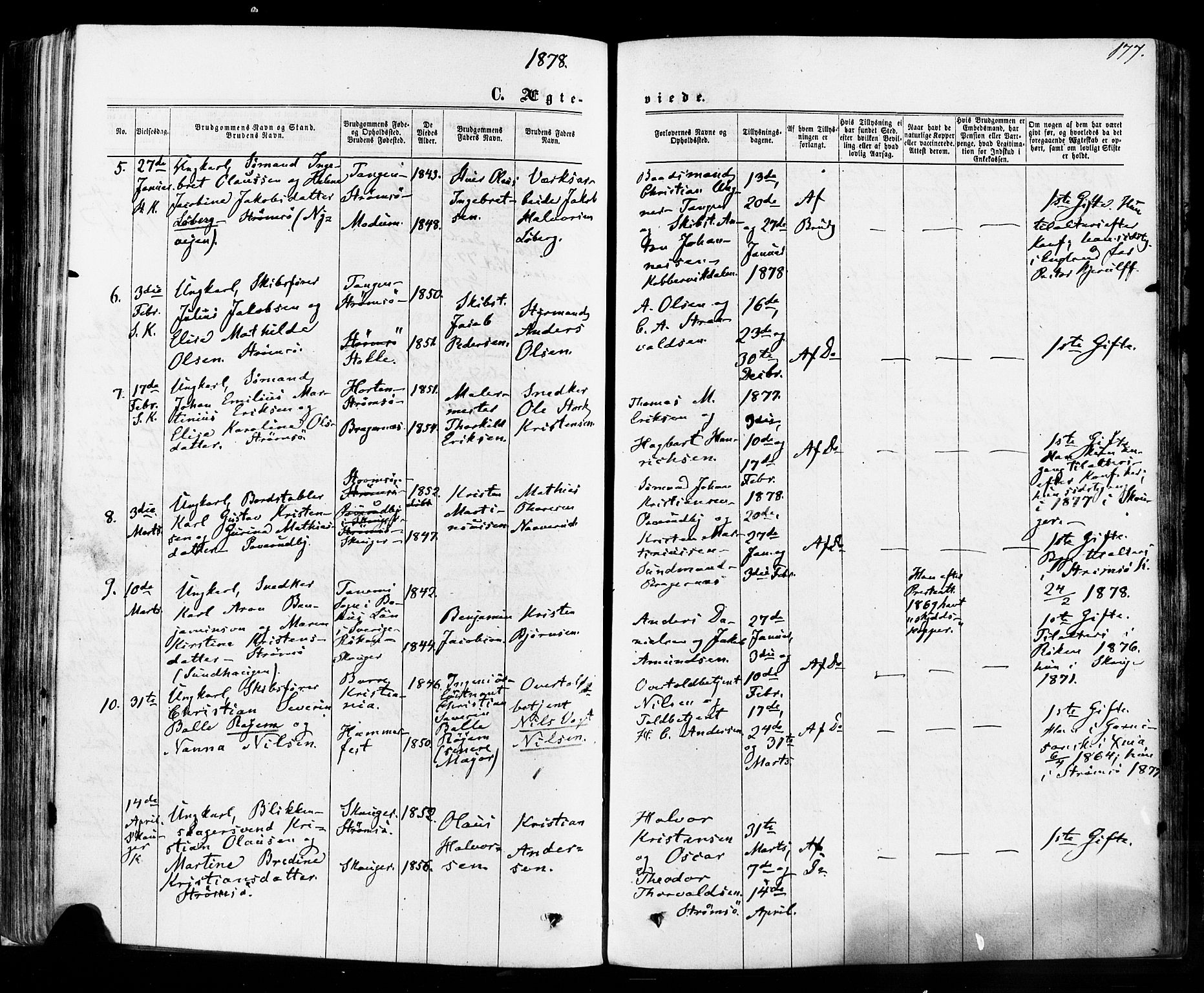 Strømsø kirkebøker, AV/SAKO-A-246/F/Fa/L0018: Parish register (official) no. I 18, 1865-1878, p. 177