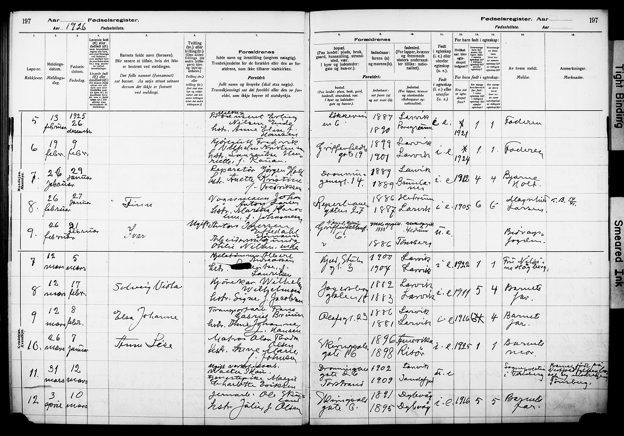 Larvik kirkebøker, AV/SAKO-A-352/J/Ja/L0001: Birth register no. I 1, 1916-1926, p. 197