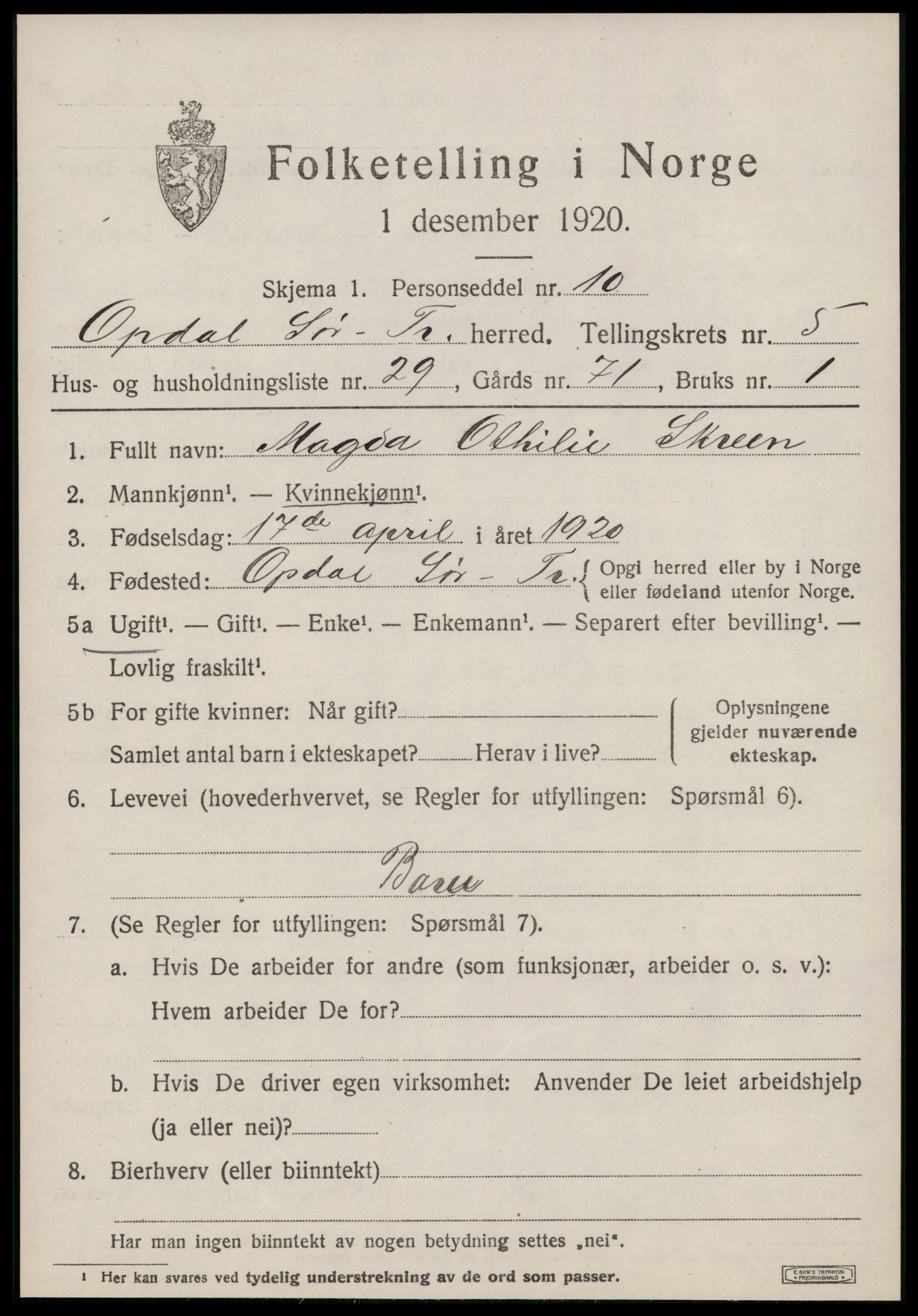 SAT, 1920 census for Oppdal, 1920, p. 5299