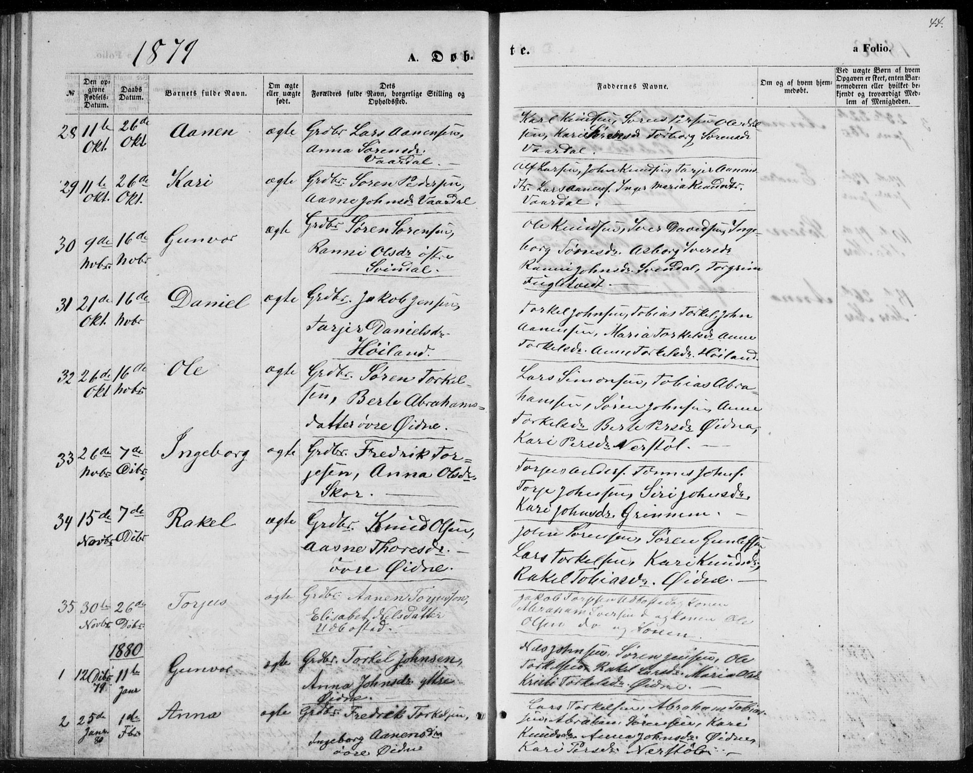 Bjelland sokneprestkontor, SAK/1111-0005/F/Fb/Fbc/L0002: Parish register (copy) no. B 2, 1867-1887, p. 44