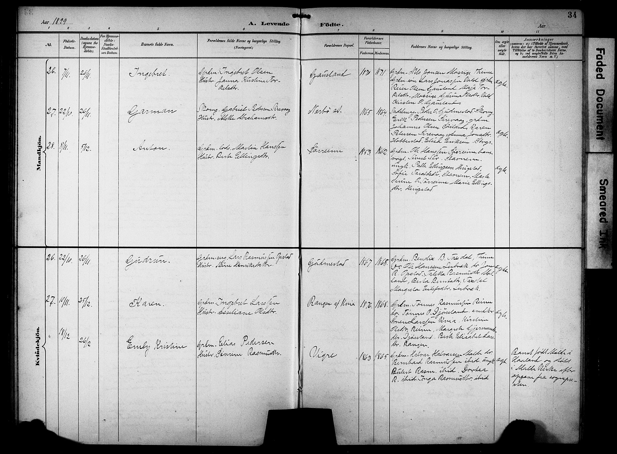 Hå sokneprestkontor, AV/SAST-A-101801/001/30BB/L0005: Parish register (copy) no. B 5, 1894-1912, p. 34