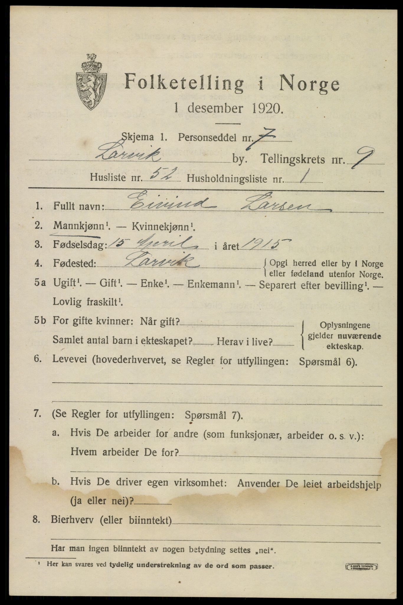 SAKO, 1920 census for Larvik, 1920, p. 25564