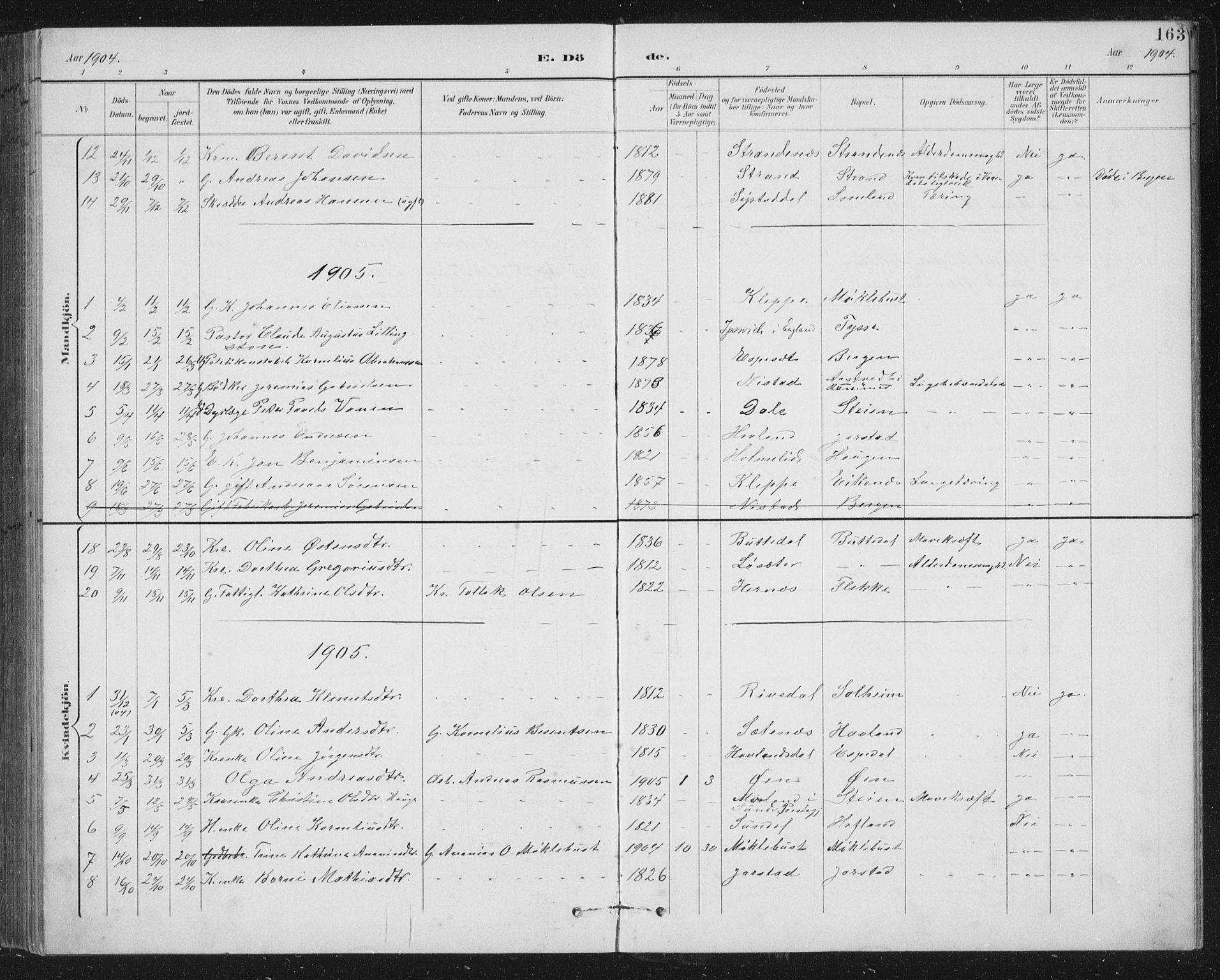 Fjaler sokneprestembete, AV/SAB-A-79801/H/Hab/Habc/L0003: Parish register (copy) no. C 3, 1894-1917, p. 163