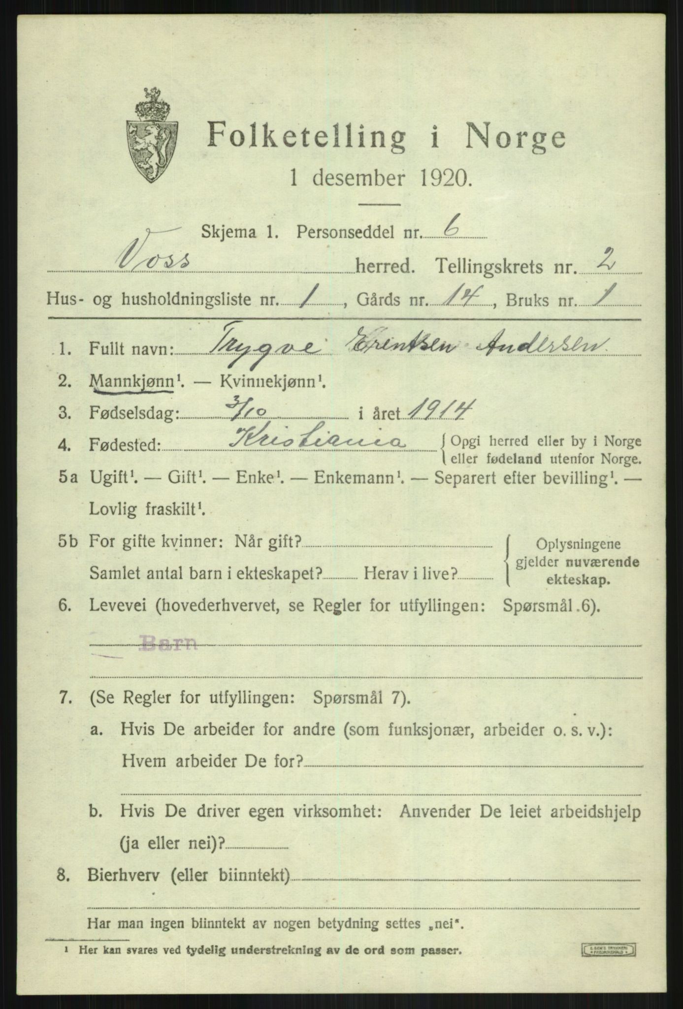 SAB, 1920 census for Voss, 1920, p. 3439