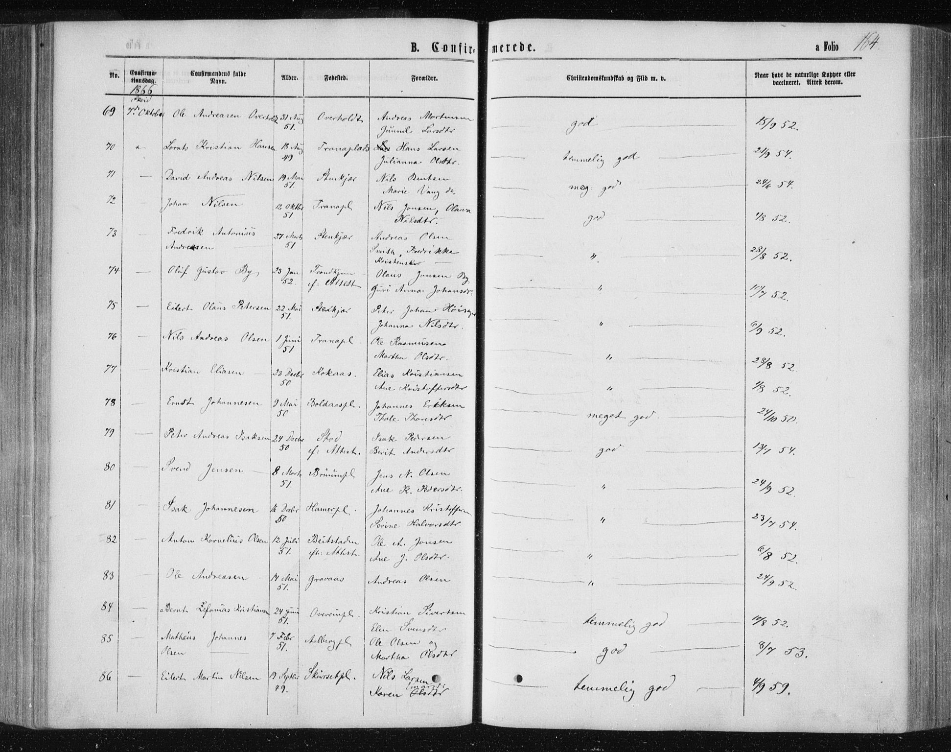 Ministerialprotokoller, klokkerbøker og fødselsregistre - Nord-Trøndelag, AV/SAT-A-1458/735/L0345: Parish register (official) no. 735A08 /1, 1863-1872, p. 164