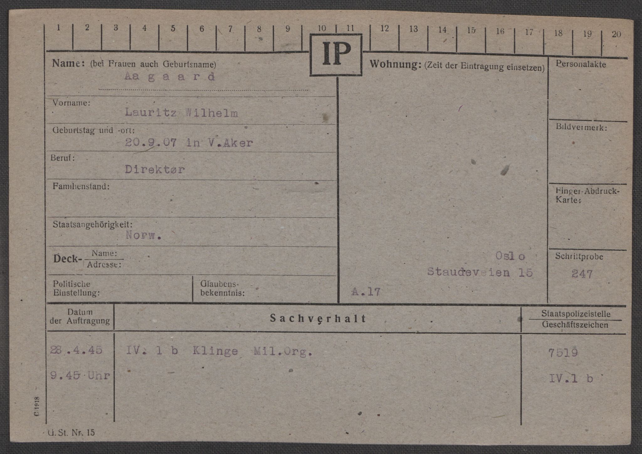 Befehlshaber der Sicherheitspolizei und des SD, RA/RAFA-5969/E/Ea/Eaa/L0010: Register over norske fanger i Møllergata 19: Sø-Å, 1940-1945, p. 1384