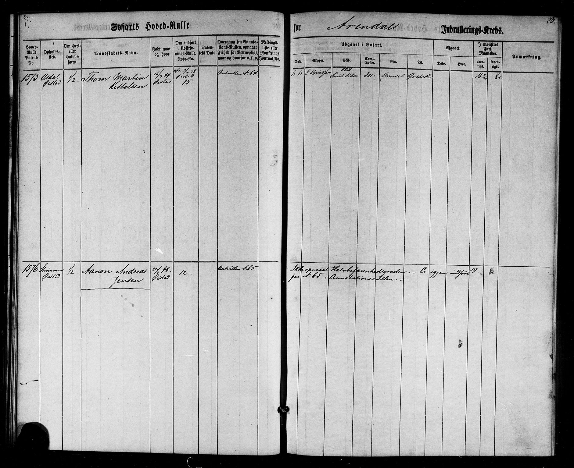 Arendal mønstringskrets, AV/SAK-2031-0012/F/Fb/L0002: Hovedrulle nr 1533-1724 uten register, E-3, 1863-1864, p. 23