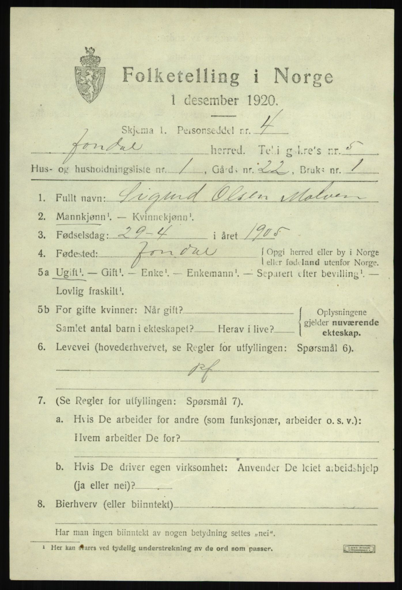 SAB, 1920 census for Jondal, 1920, p. 2498