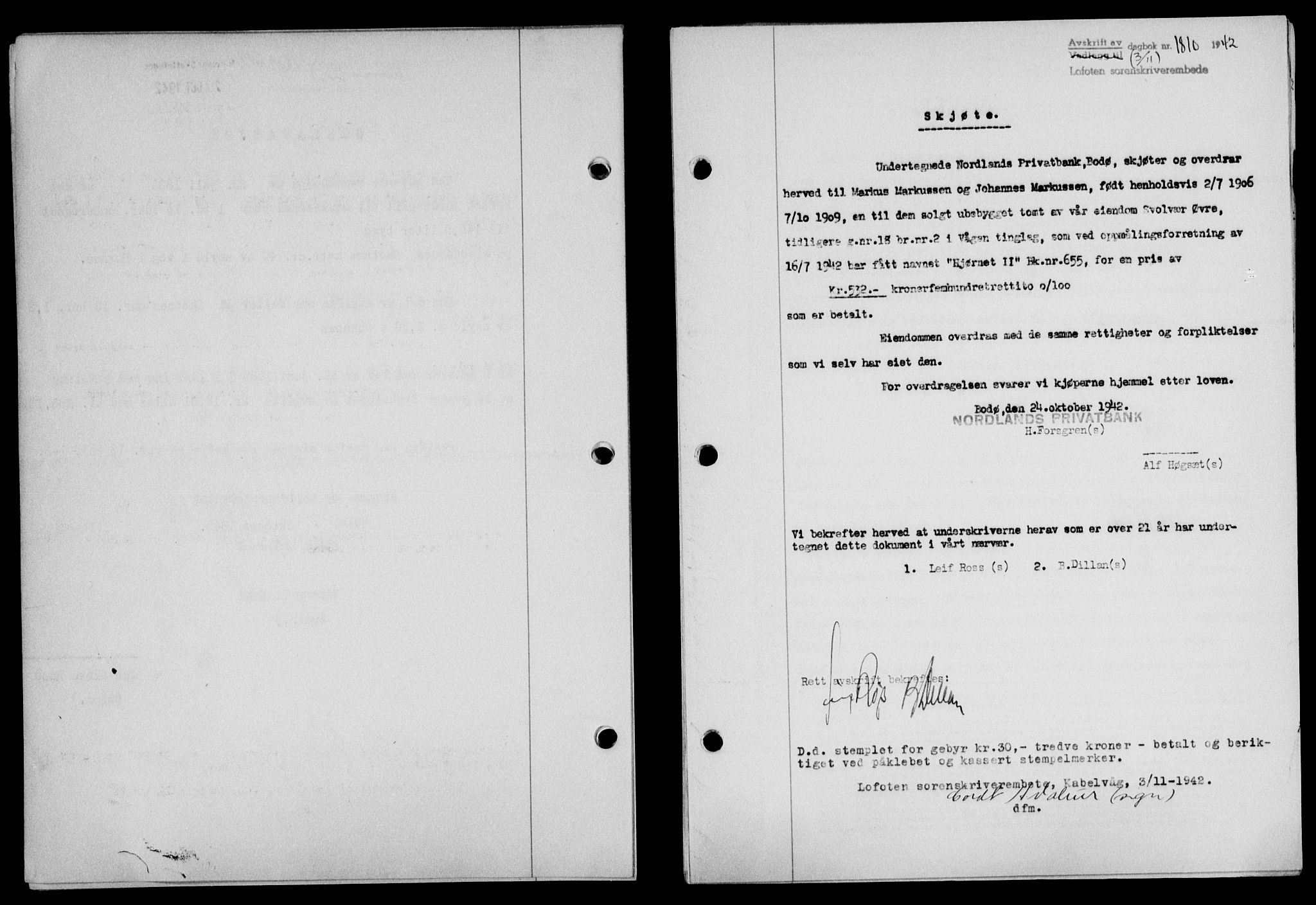 Lofoten sorenskriveri, SAT/A-0017/1/2/2C/L0010a: Mortgage book no. 10a, 1942-1943, Diary no: : 1810/1942