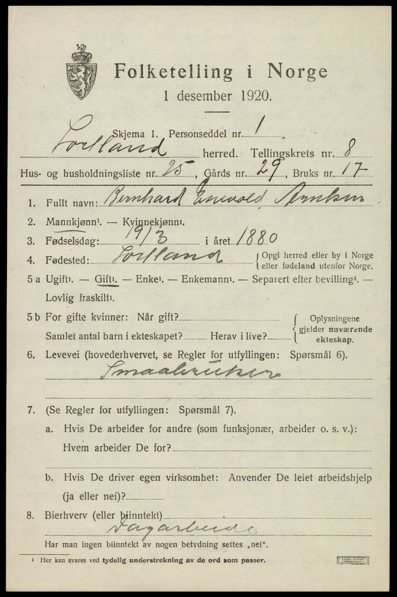 SAT, 1920 census for Sortland, 1920, p. 7114