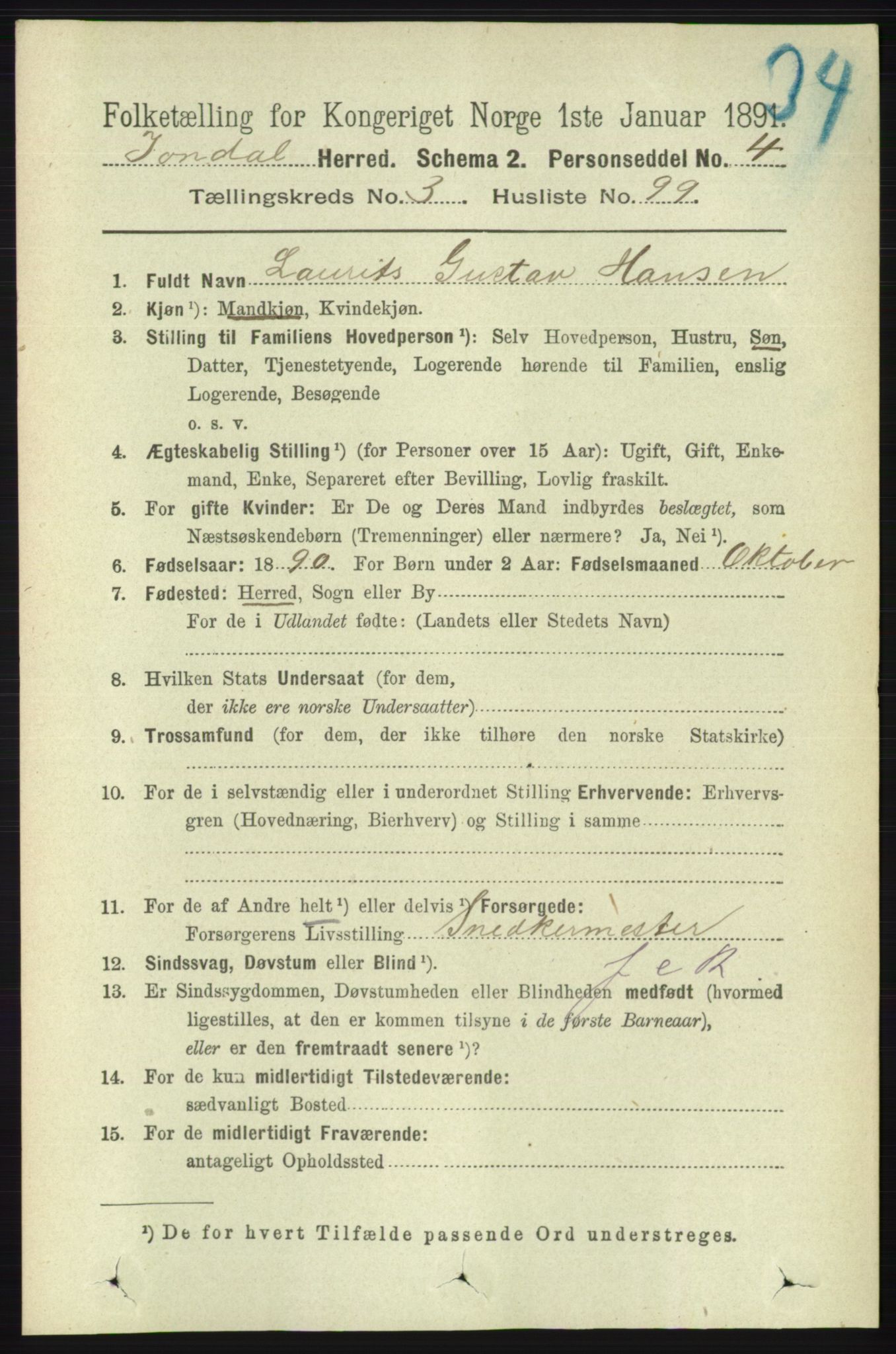 RA, 1891 census for 1227 Jondal, 1891, p. 1905