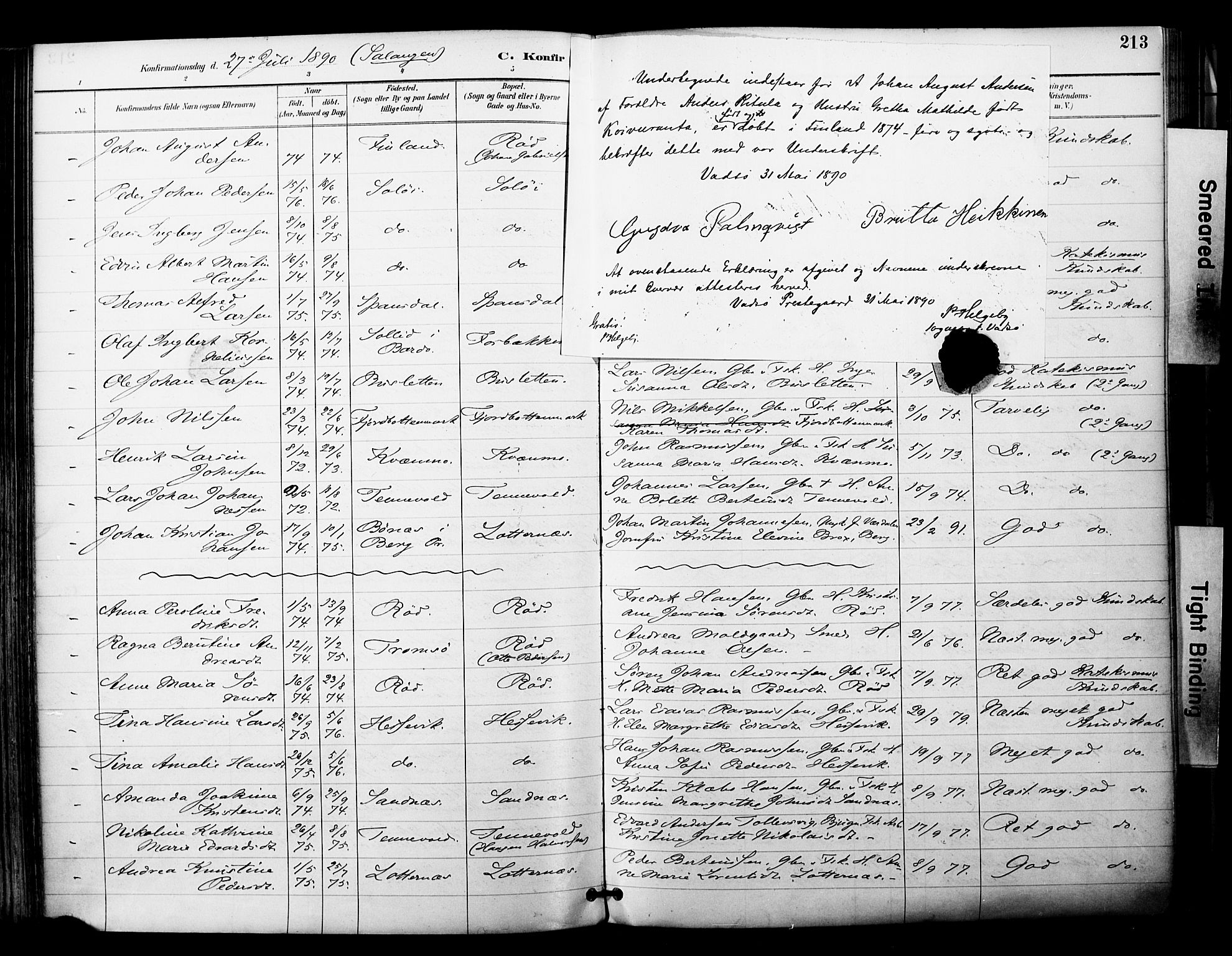 Ibestad sokneprestembete, SATØ/S-0077/H/Ha/Haa/L0012kirke: Parish register (official) no. 12, 1890-1900, p. 213