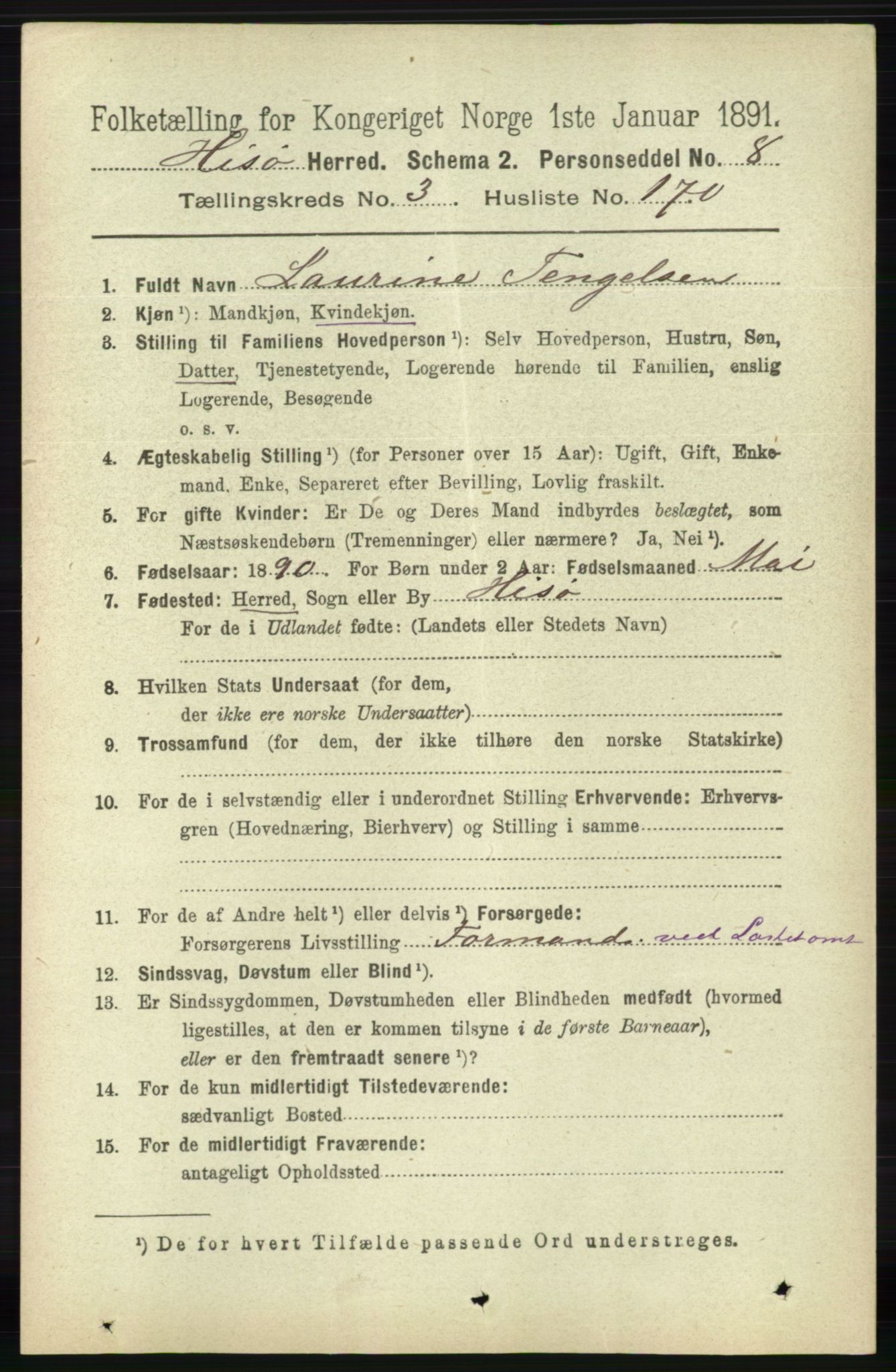 RA, 1891 census for 0922 Hisøy, 1891, p. 3226