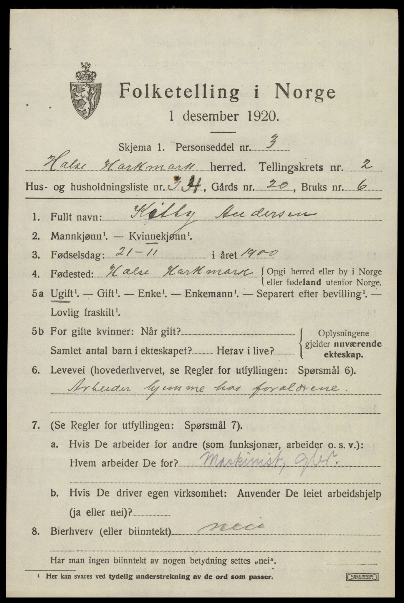 SAK, 1920 census for Halse og Harkmark, 1920, p. 2389