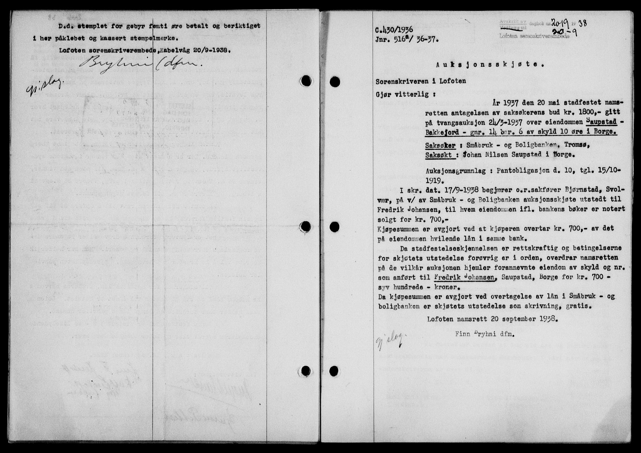 Lofoten sorenskriveri, SAT/A-0017/1/2/2C/L0004a: Mortgage book no. 4a, 1938-1938, Diary no: : 2019/1938
