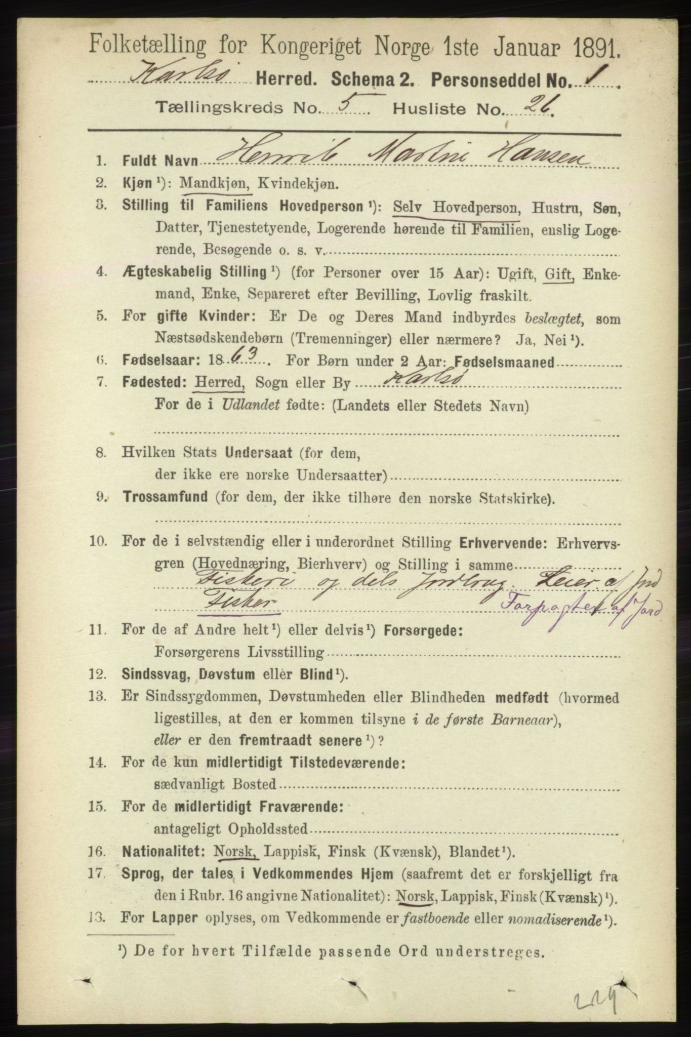 RA, 1891 census for 1936 Karlsøy, 1891, p. 1474