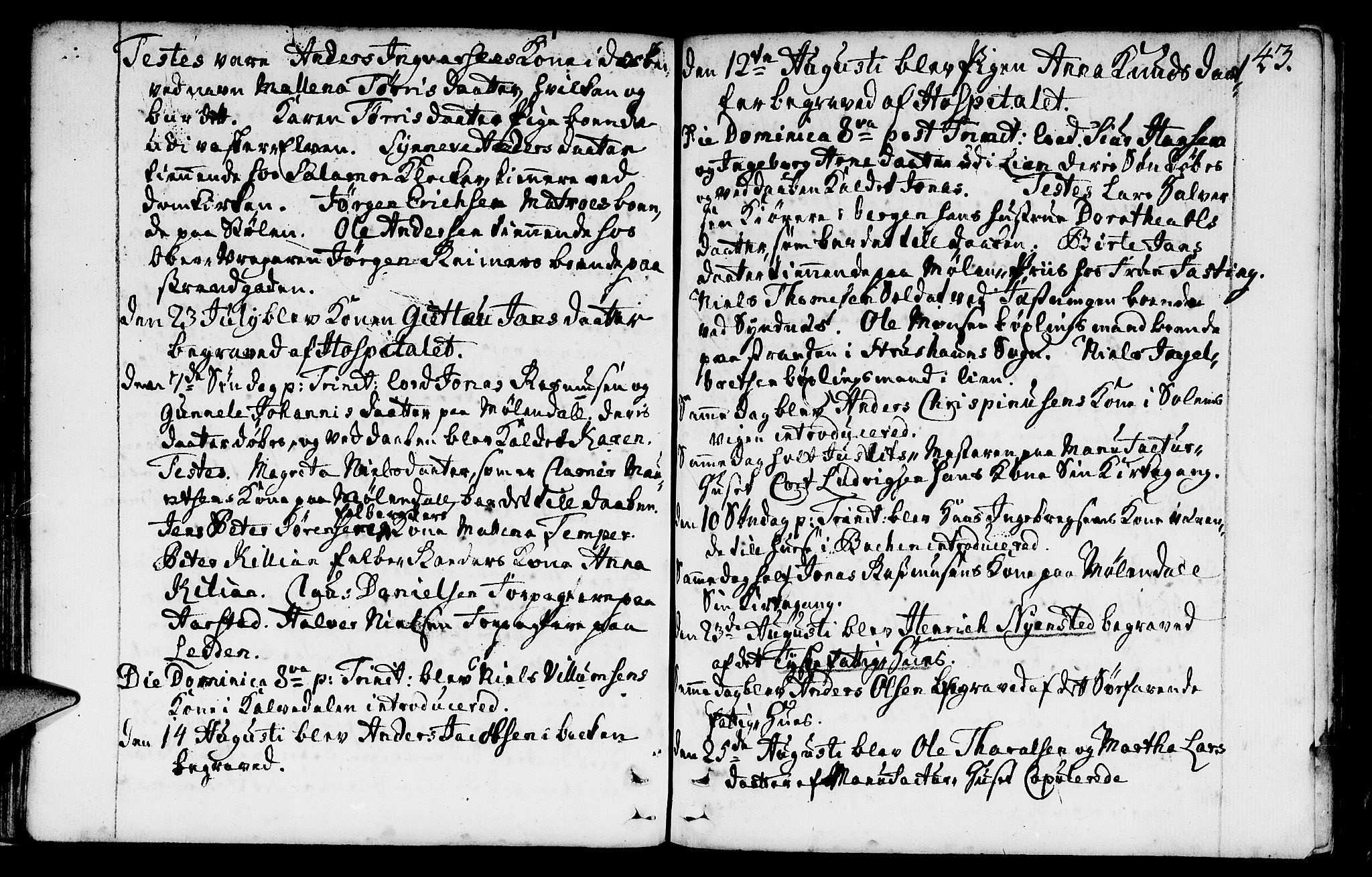 St. Jørgens hospital og Årstad sokneprestembete, AV/SAB-A-99934: Parish register (official) no. A 1, 1743-1823, p. 43