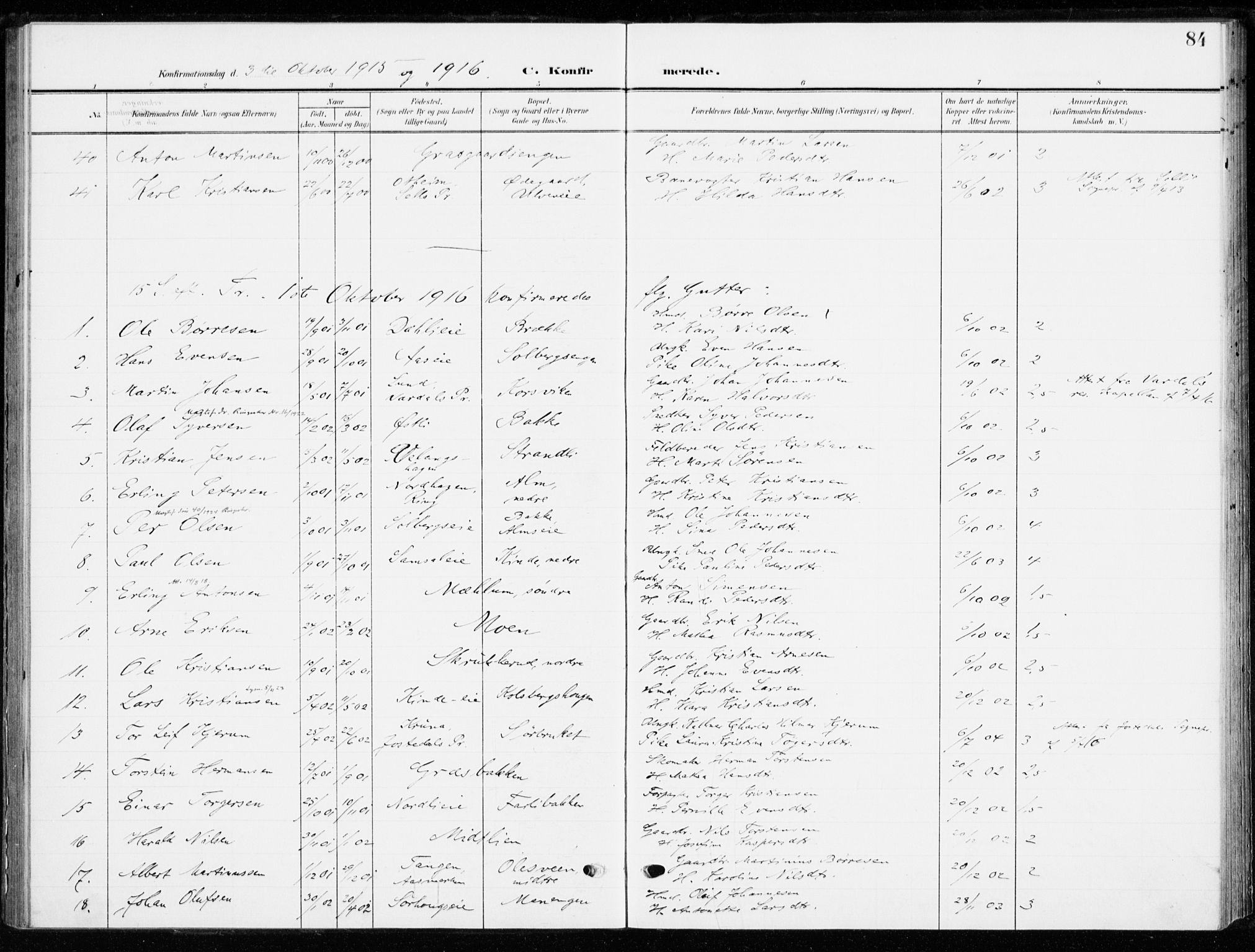 Ringsaker prestekontor, SAH/PREST-014/K/Ka/L0021: Parish register (official) no. 21, 1905-1920, p. 84