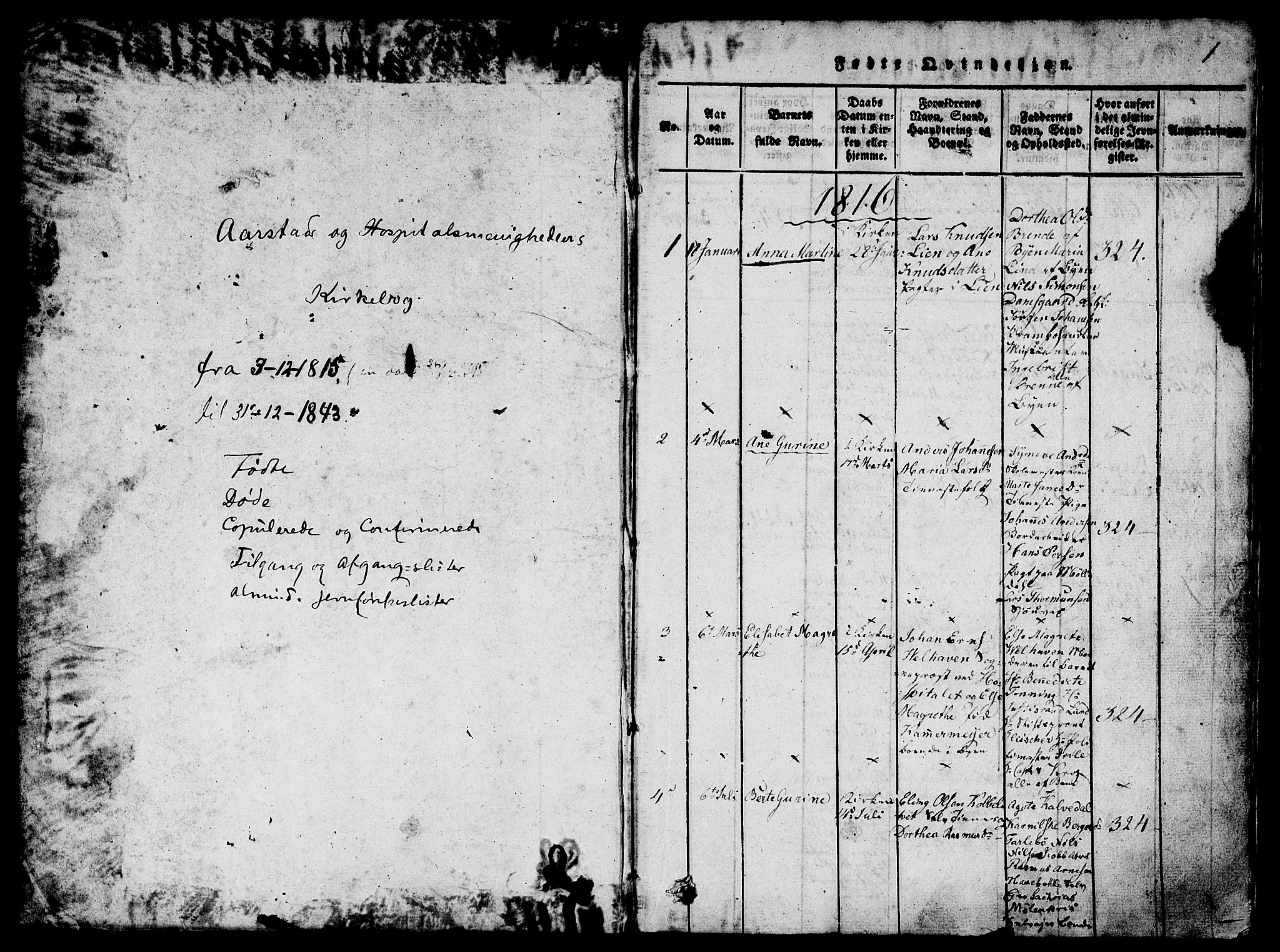 St. Jørgens hospital og Årstad sokneprestembete, AV/SAB-A-99934: Parish register (copy) no. A 1, 1816-1843, p. 1