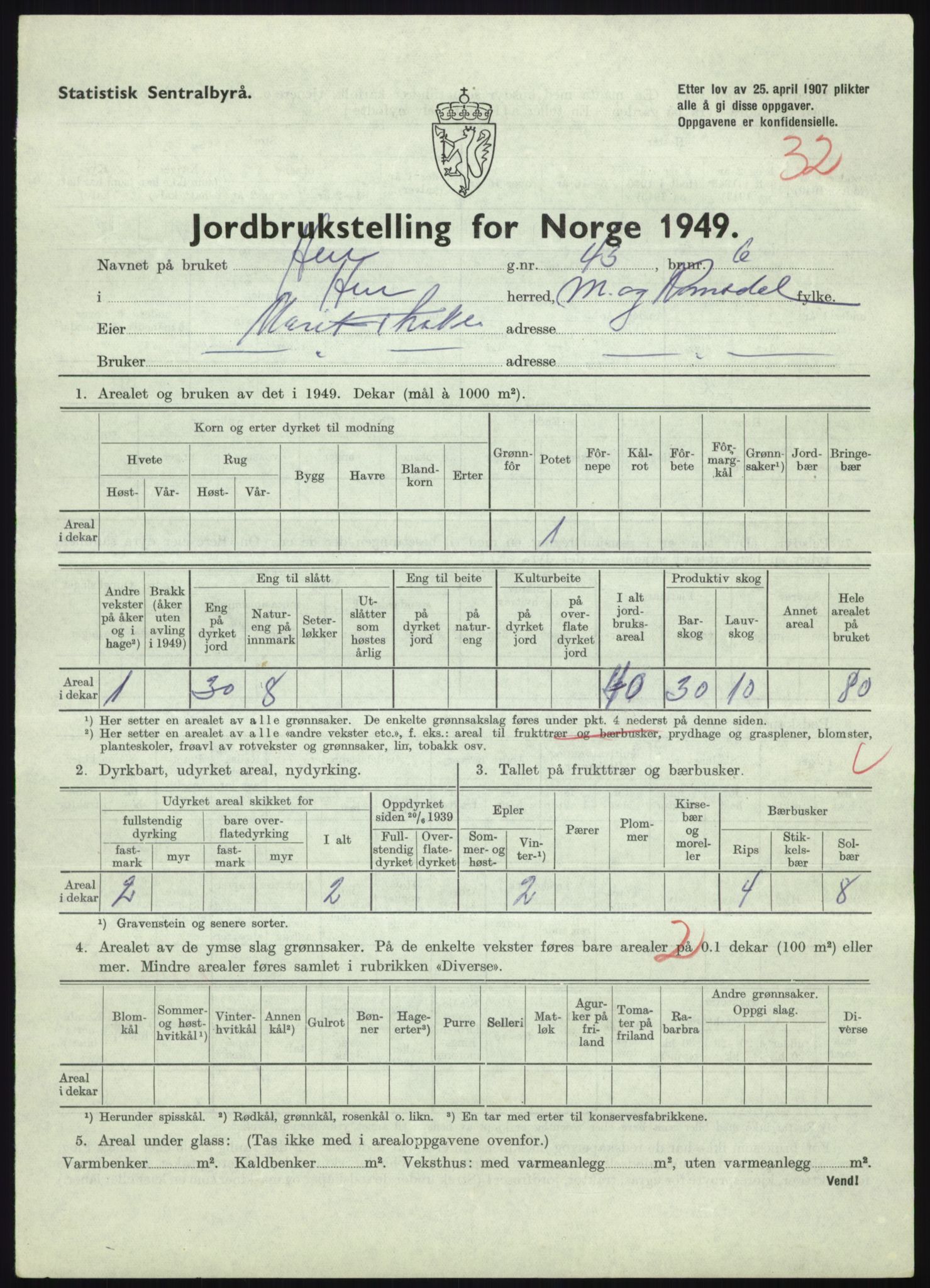 Statistisk sentralbyrå, Næringsøkonomiske emner, Jordbruk, skogbruk, jakt, fiske og fangst, AV/RA-S-2234/G/Gc/L0323: Møre og Romsdal: Grytten og Hen, 1949, p. 715