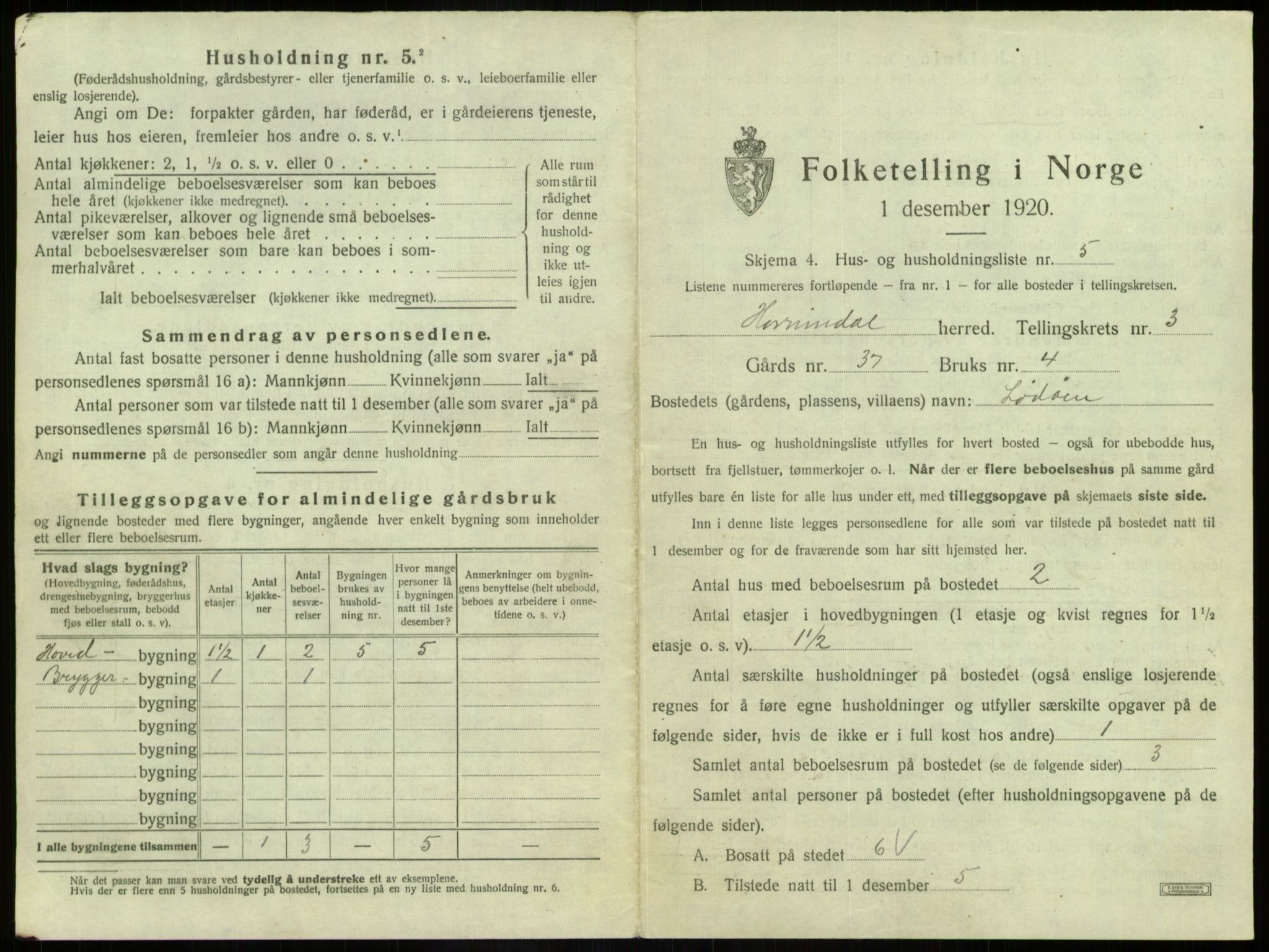 SAB, 1920 census for Hornindal, 1920, p. 111