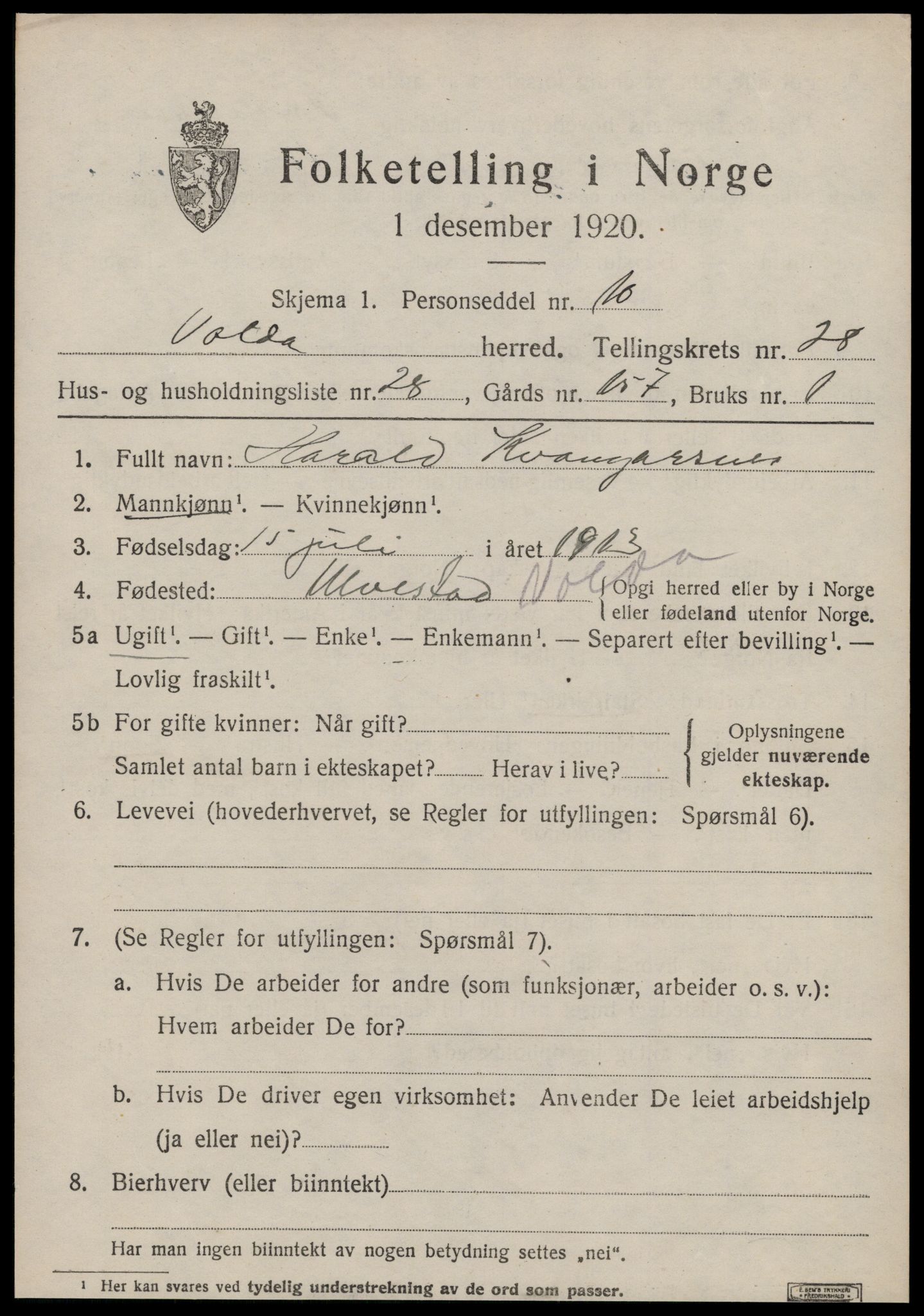 SAT, 1920 census for Volda, 1920, p. 13252