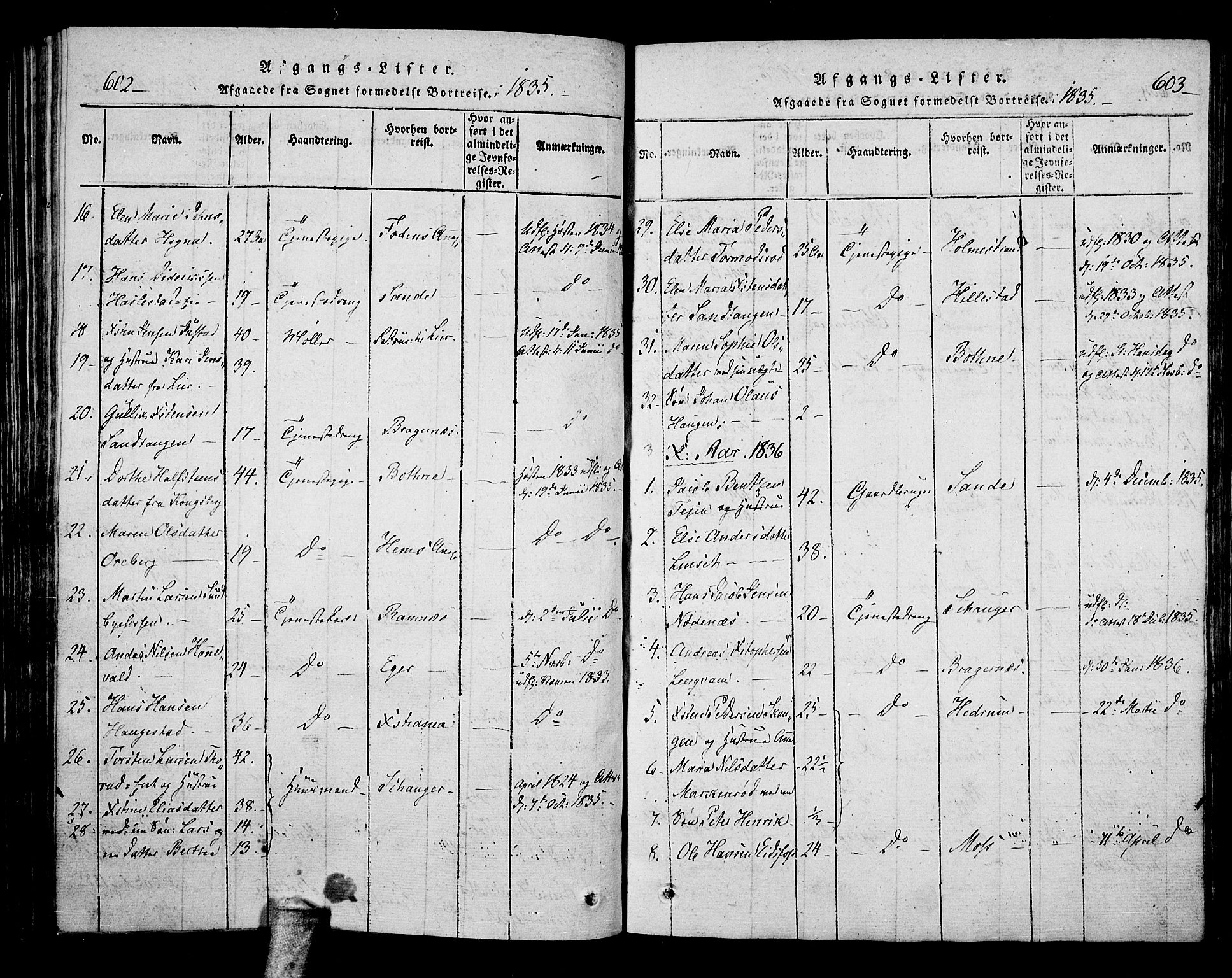 Hof kirkebøker, AV/SAKO-A-64/F/Fa/L0004: Parish register (official) no. I 4, 1814-1843, p. 602-603