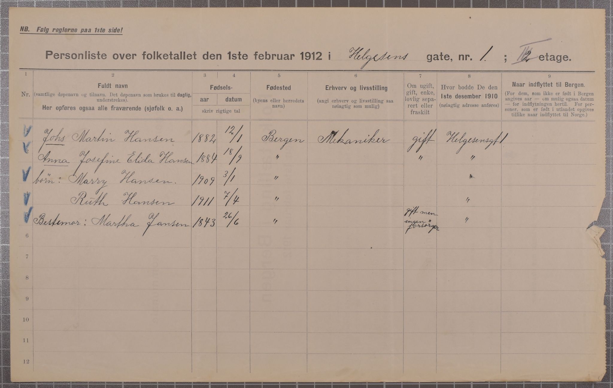 SAB, Municipal Census 1912 for Bergen, 1912, p. 1985