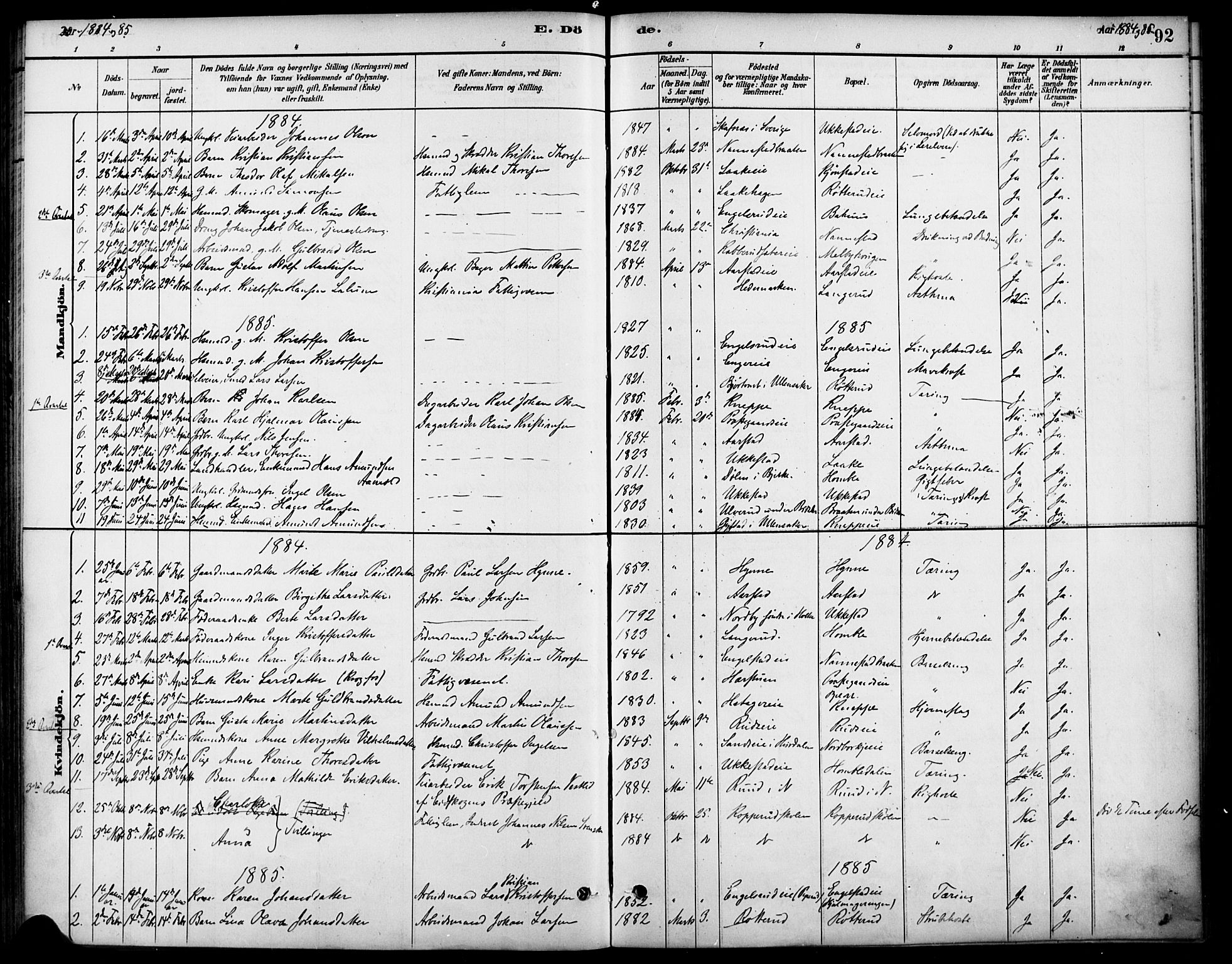 Nannestad prestekontor Kirkebøker, SAO/A-10414a/F/Fa/L0014: Parish register (official) no. I 14, 1881-1890, p. 92