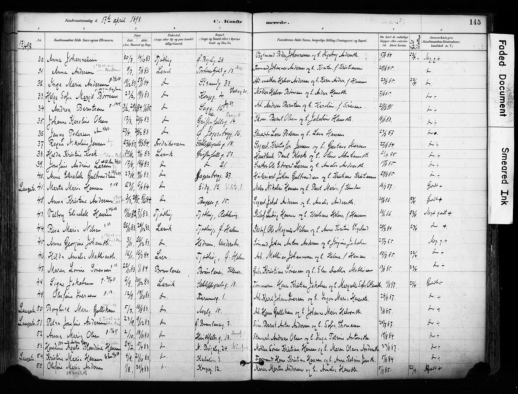 Larvik kirkebøker, AV/SAKO-A-352/F/Fa/L0008: Parish register (official) no. I 8, 1884-1902, p. 145