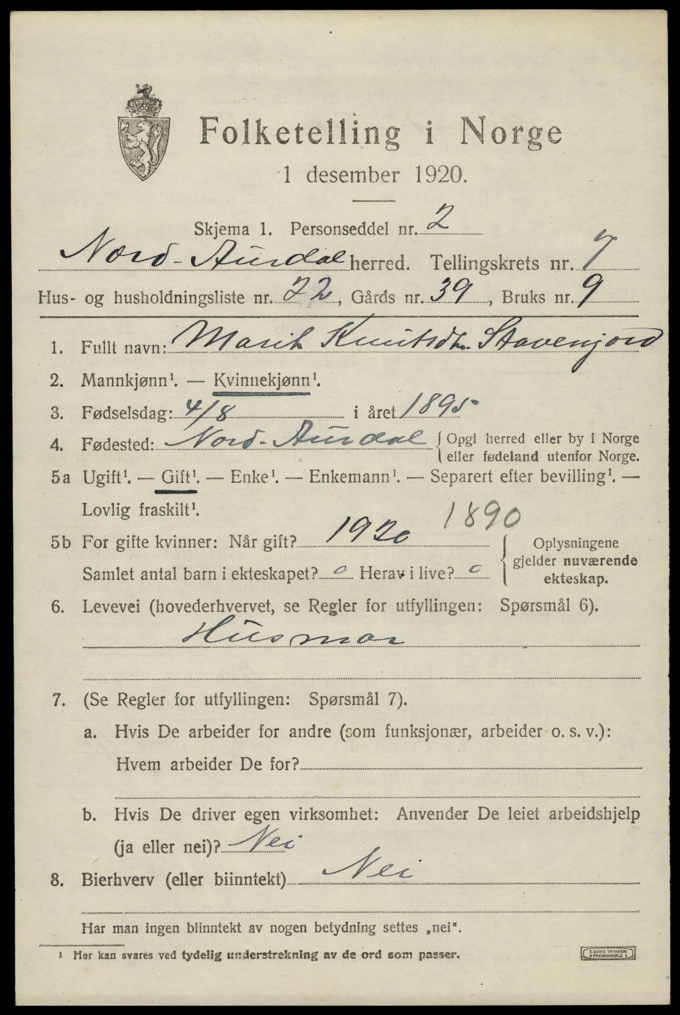 SAH, 1920 census for Nord-Aurdal, 1920, p. 6210