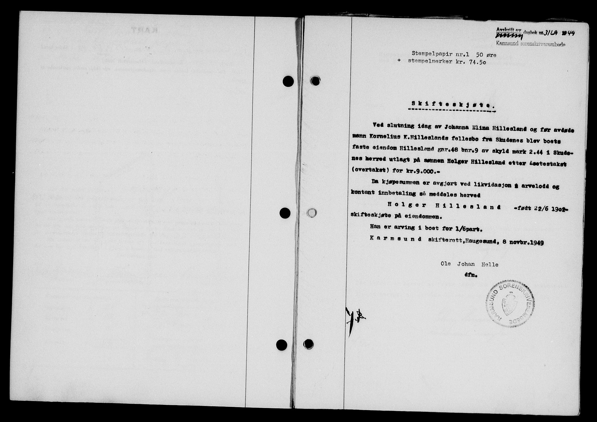 Karmsund sorenskriveri, SAST/A-100311/01/II/IIB/L0098: Mortgage book no. 78A, 1949-1950, Diary no: : 3169/1949