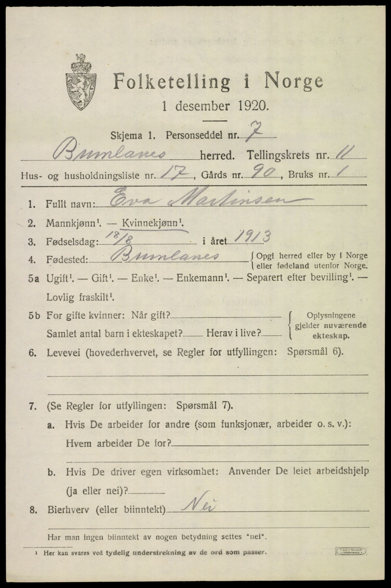 SAKO, 1920 census for Brunlanes, 1920, p. 9729