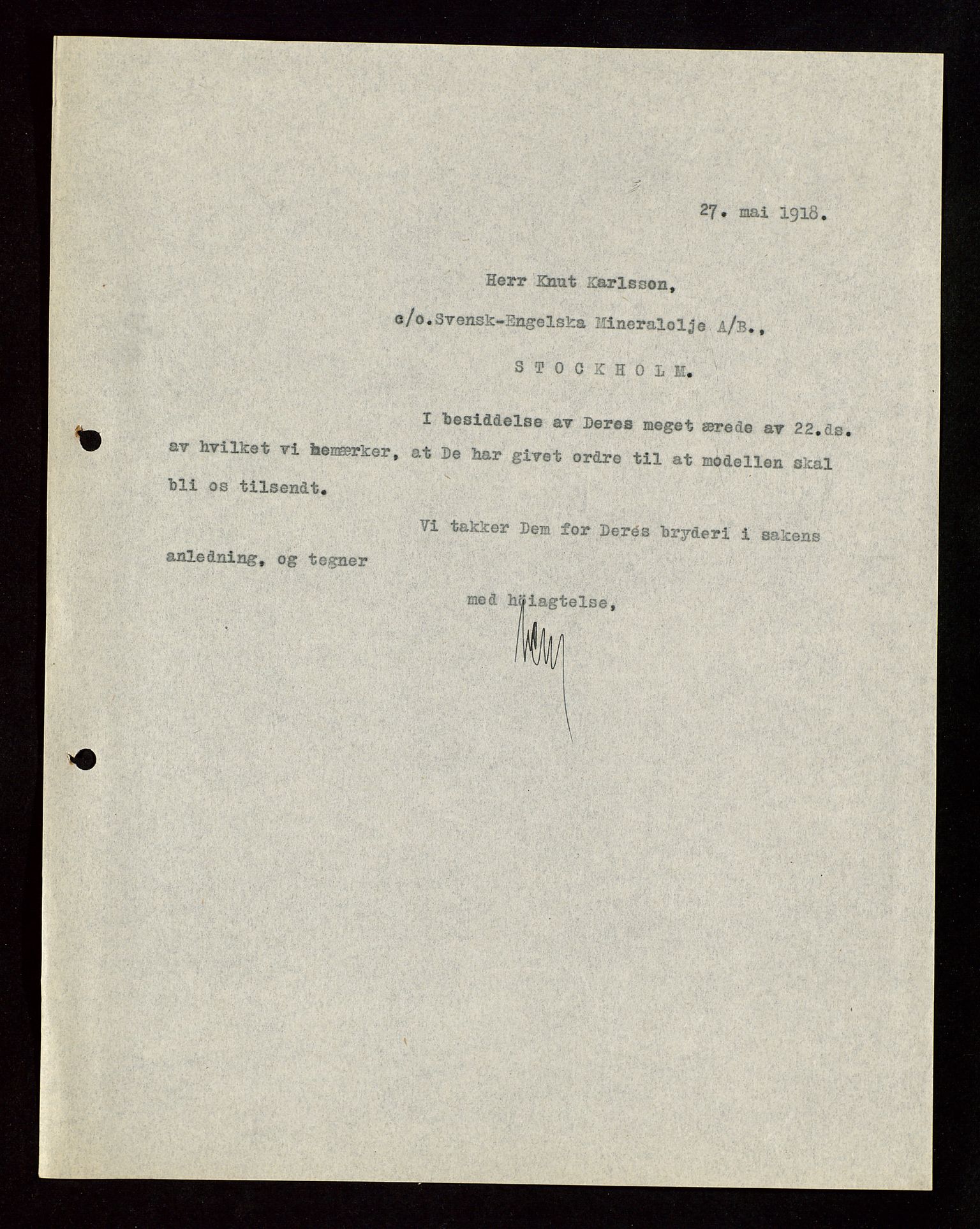 Pa 1521 - A/S Norske Shell, AV/SAST-A-101915/E/Ea/Eaa/L0003: Sjefskorrespondanse, 1918, p. 107