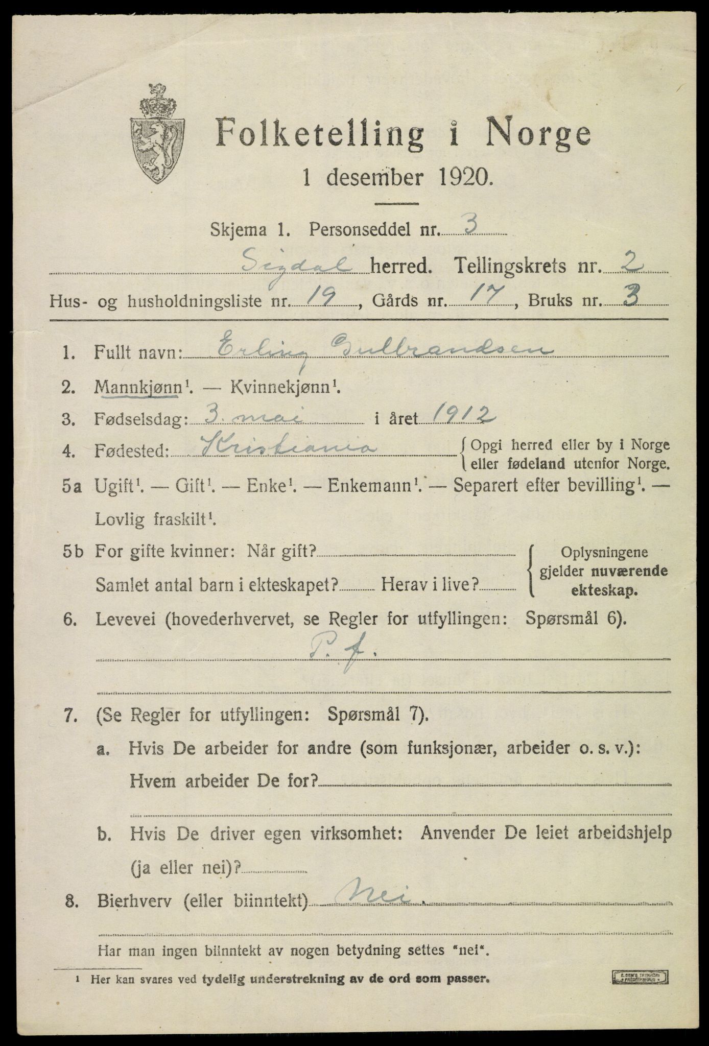 SAKO, 1920 census for Sigdal, 1920, p. 2230